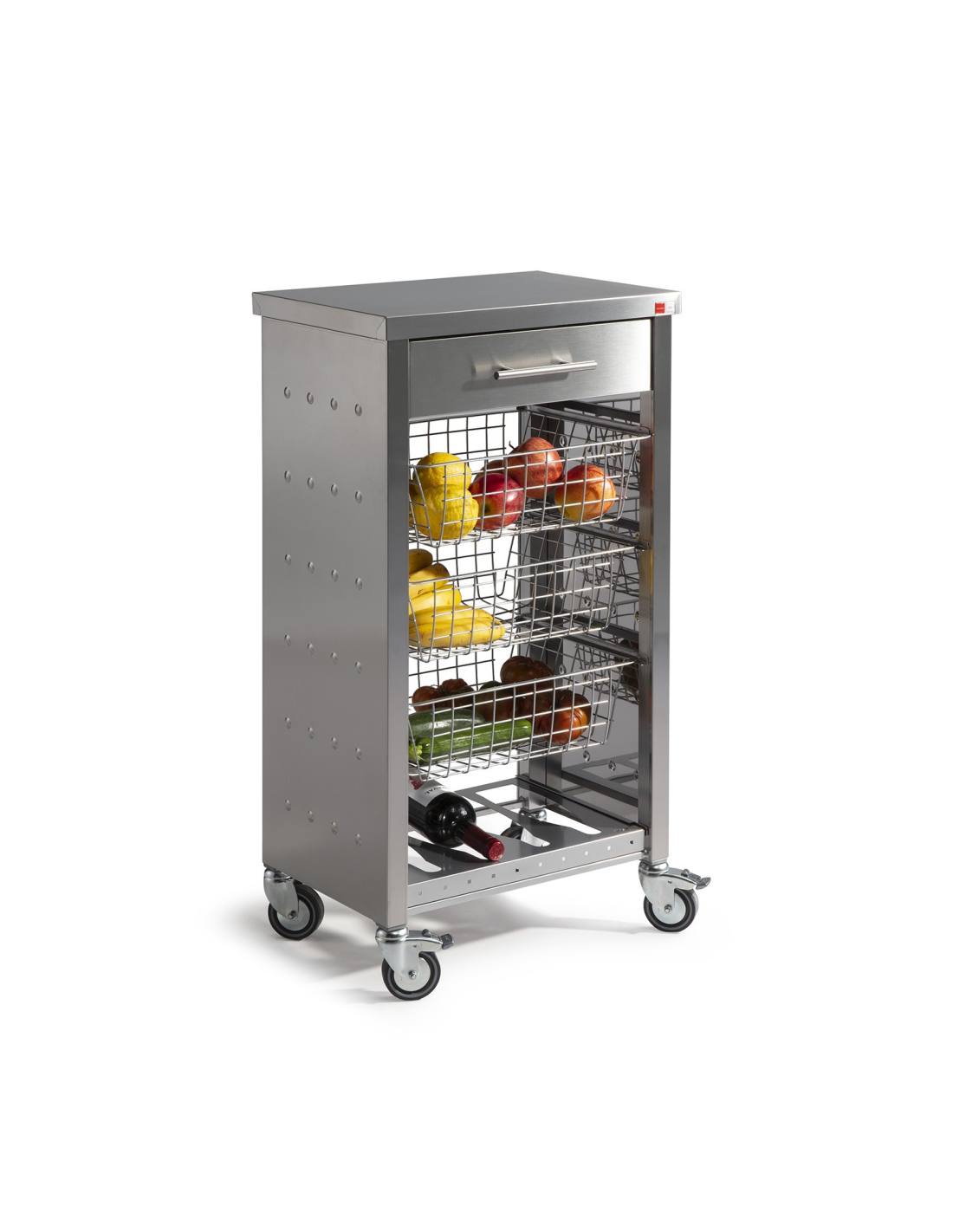 Desserte de cuisine inox à roulettes OTTO avec tiroir et paniers, DON HIERRO
