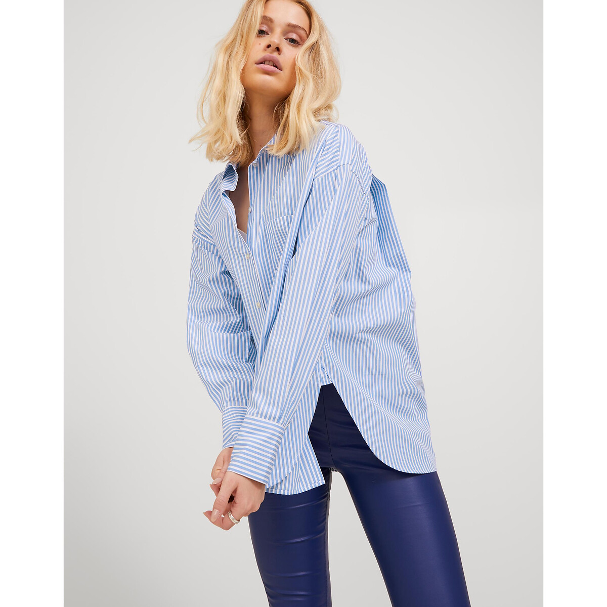 GURU SHOP Chemisier Femme En Coton Léger à Rayures - Col V Et Manches 3/4, Style Décontracté