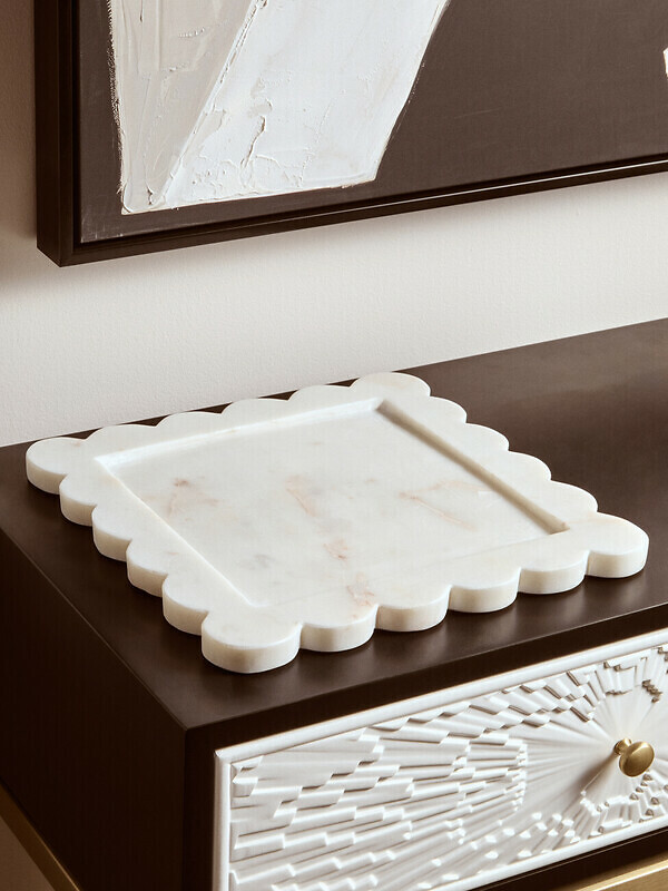 Large White Marble Square Tray with Scallop Edges, FIFTY FIVE SOUTH