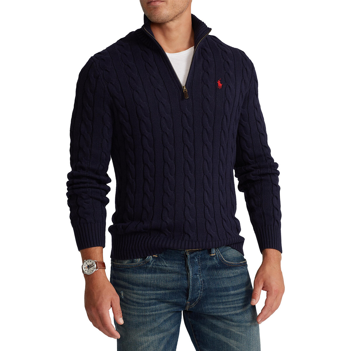 Image of Cotton Half-Zip Jumper in Cable Knit