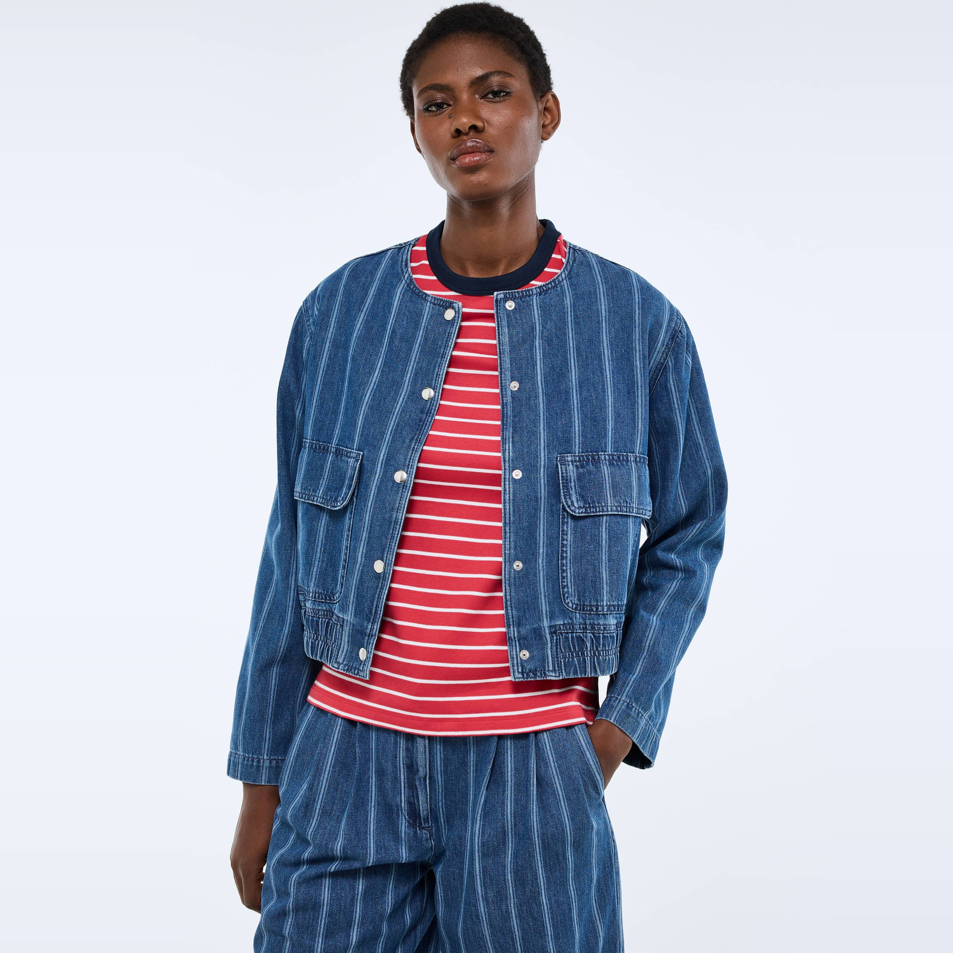 Veste courte en denim rayé contenant du coton, MONOPRIX