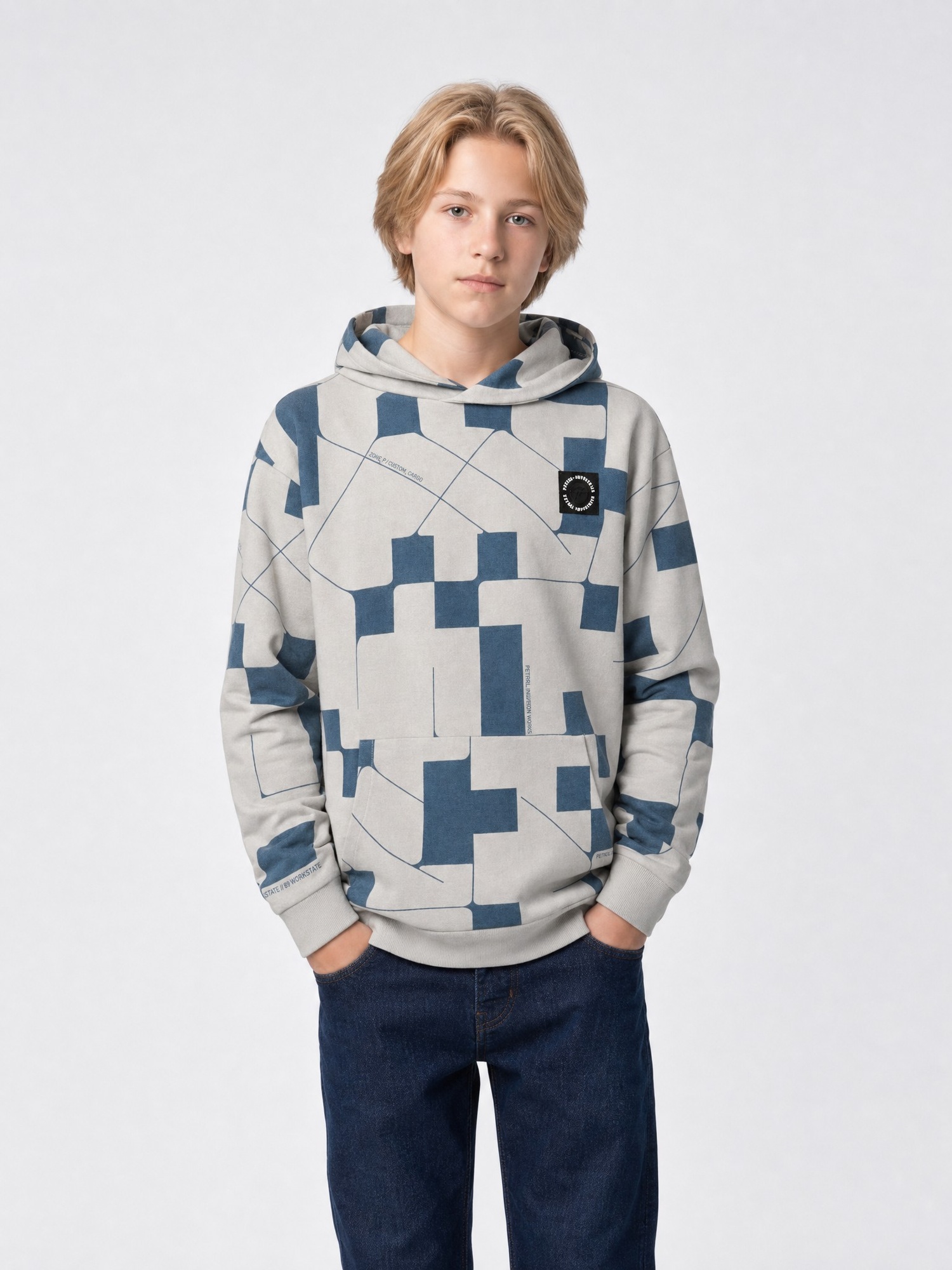 Sweat à capuche à motif géométrique gris, PETROL INDUSTRIES