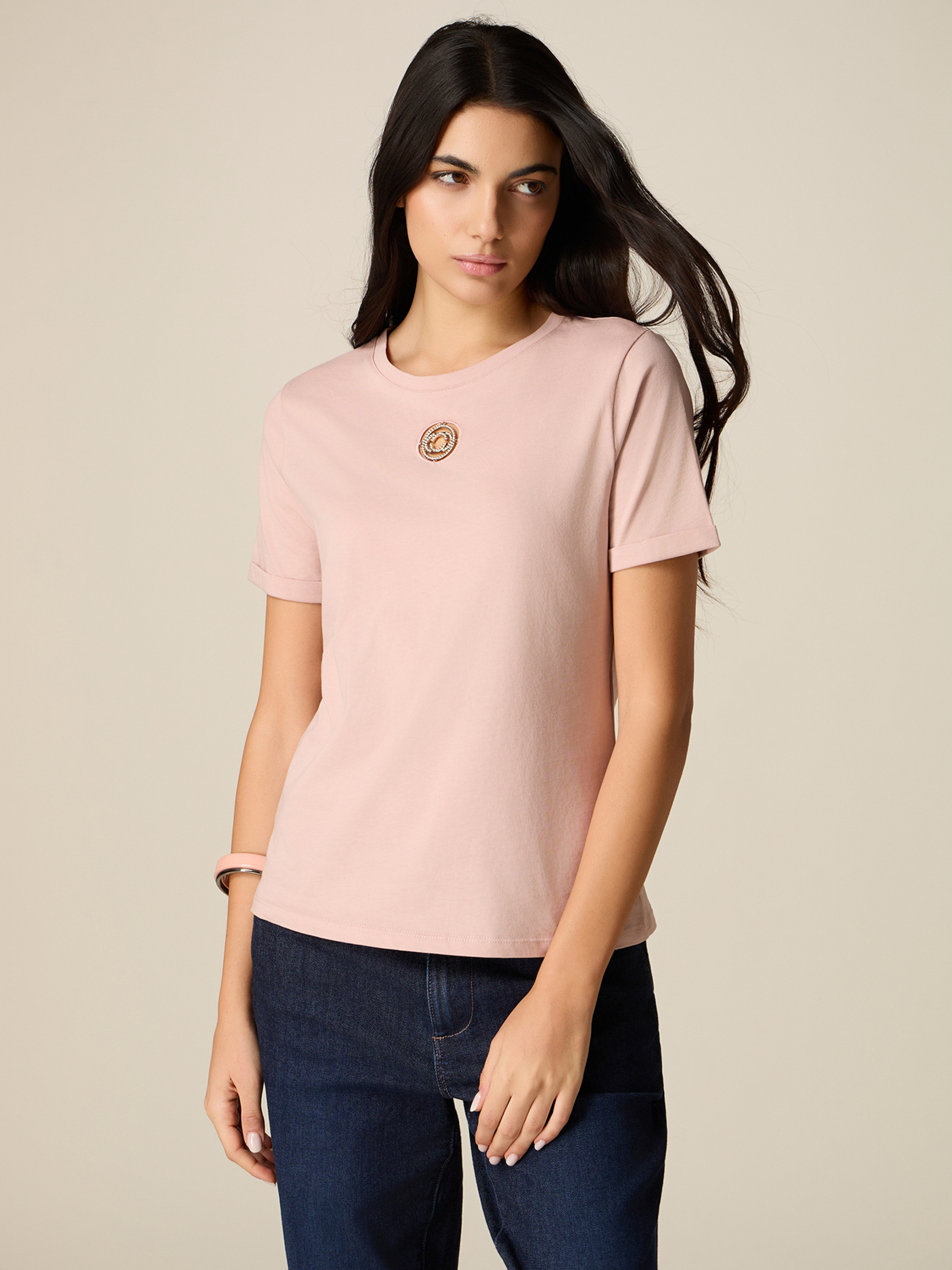 T-shirt avec intarsia et cristaux, OLTRE