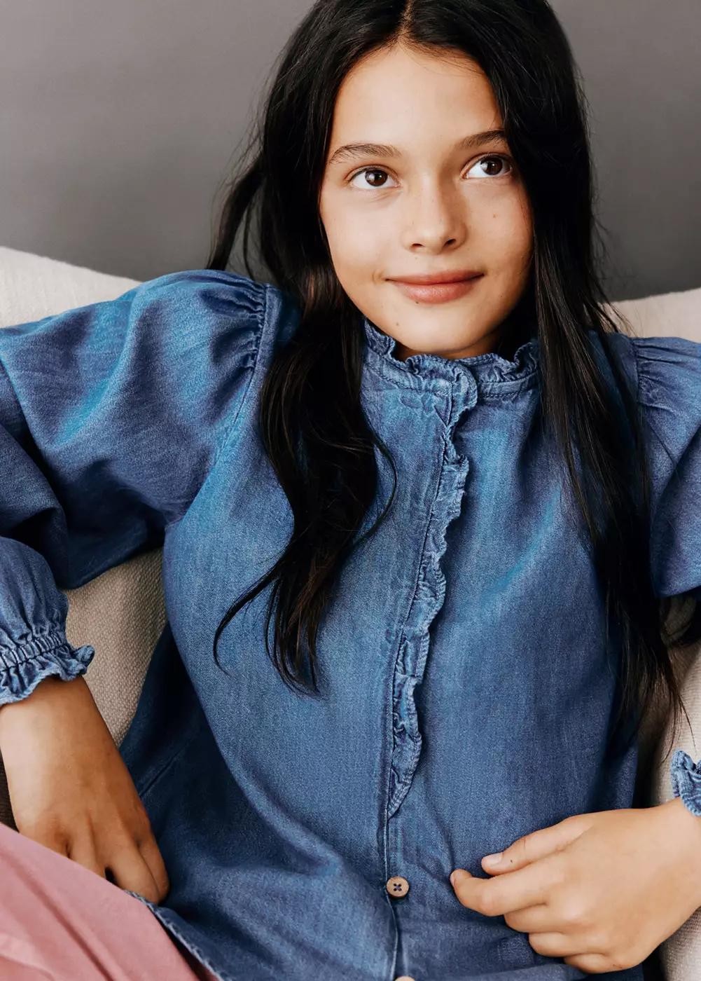 Chemise denim avec détail volants, MANGO KIDS