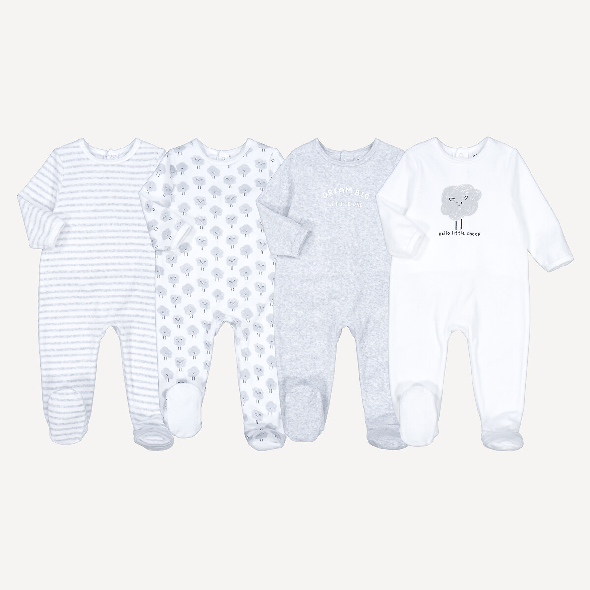 Lot de 4 pyjamas velours, motifs nuages et rayures