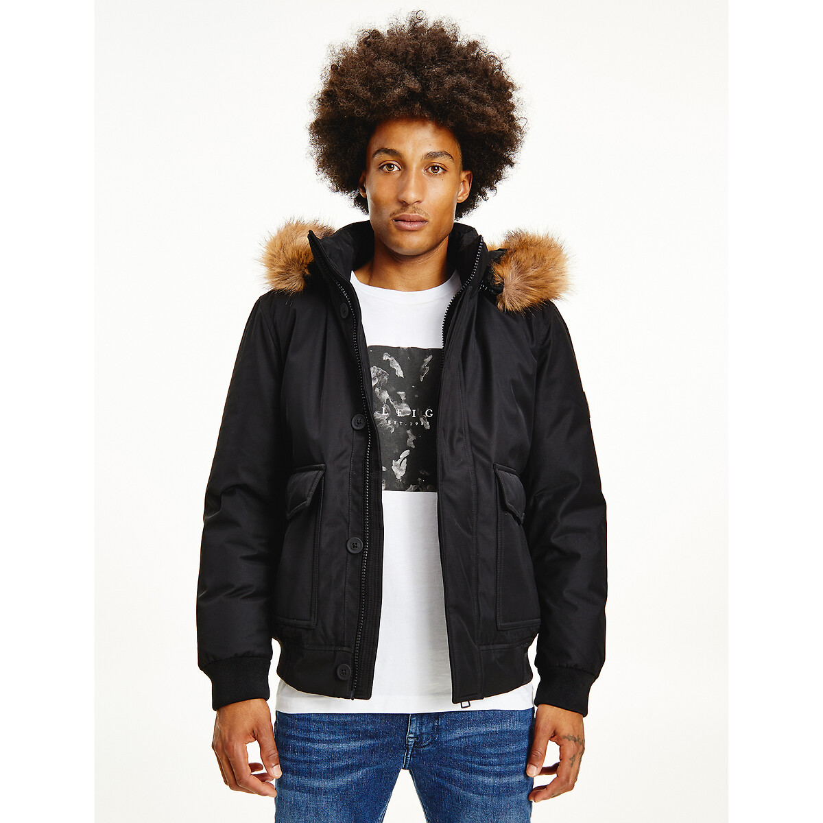 tommy hilfiger down bomber jacket with faux hood