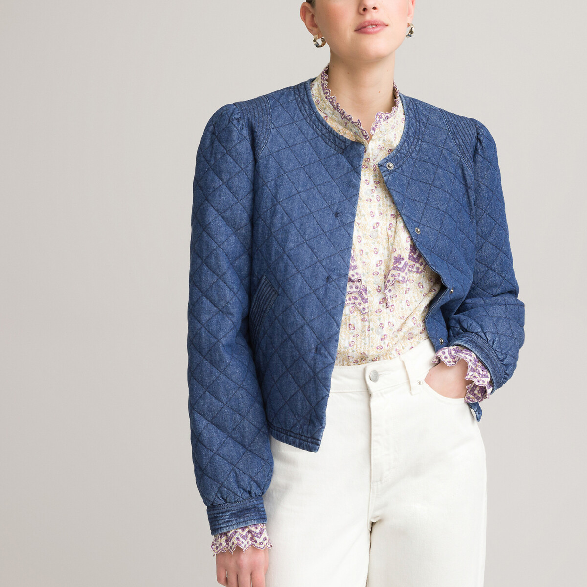 Quilted Denim Cropped Jacket with Recycled Padding and Puff Sleeves  LA REDOUTE COLLECTIONS image 0
