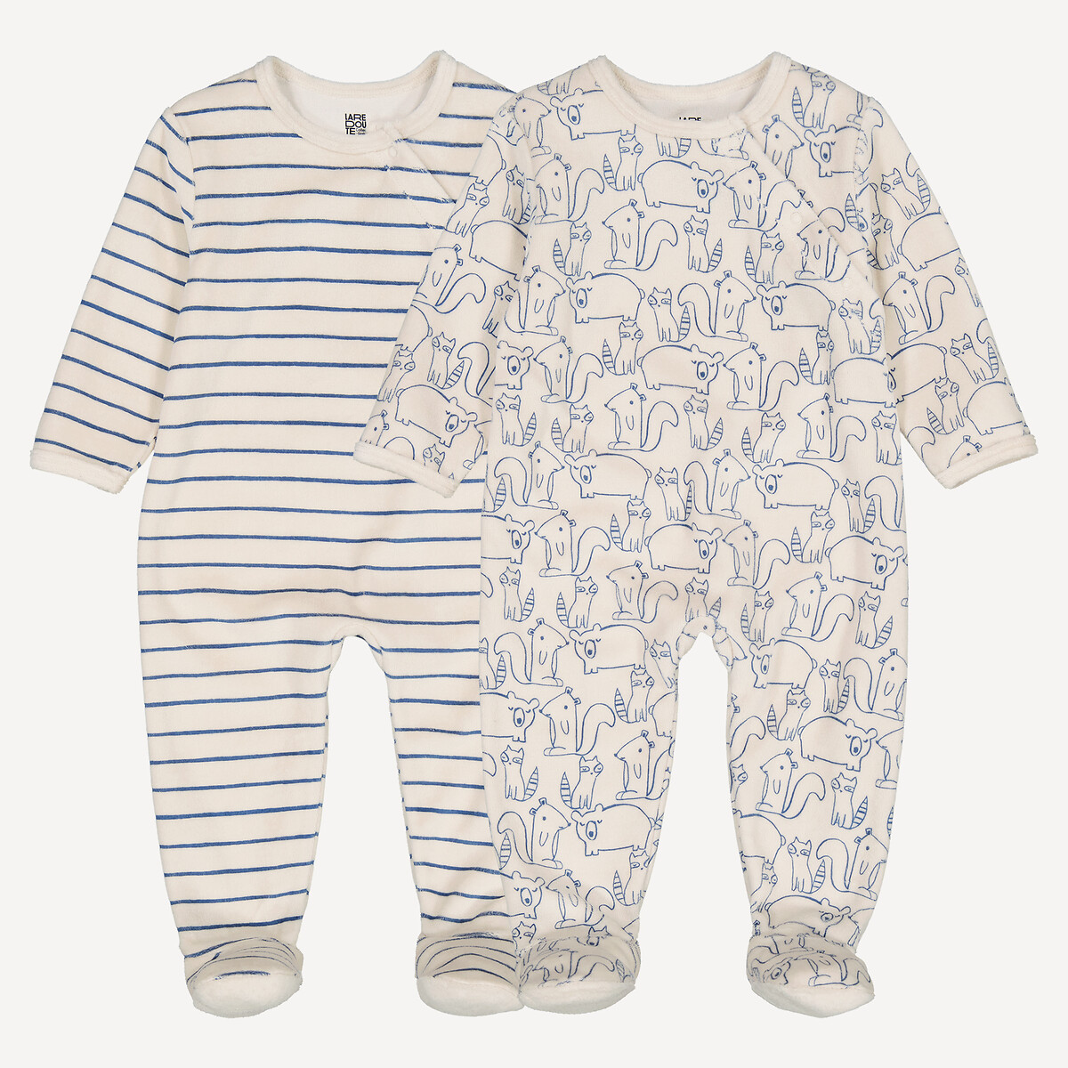Lot de 2 pyjamas en velours, ouverture côté zippée, rayures et animaux, LA REDOUTE COLLECTIONS