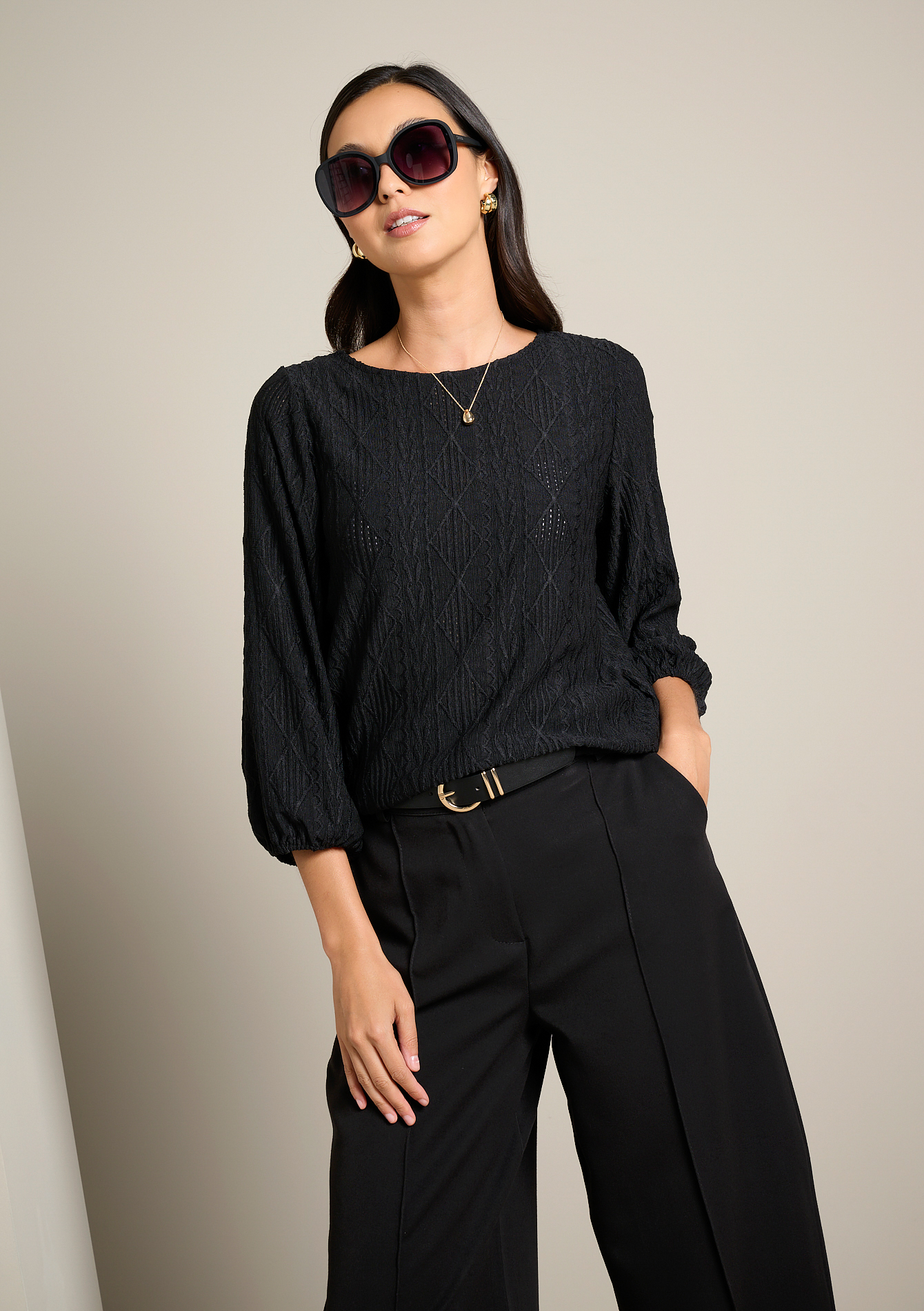T-shirt texturé manches 3/4 col bateau, LOLALIZA