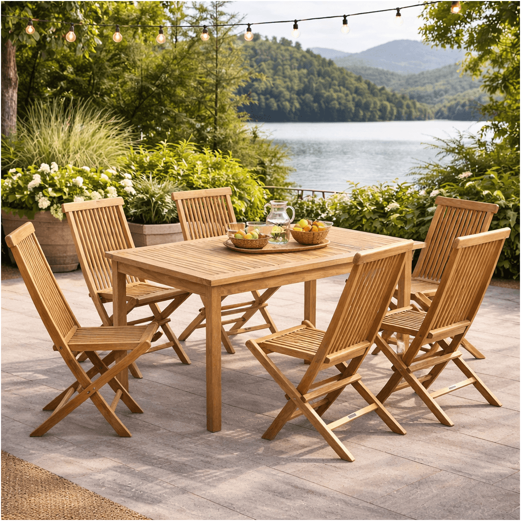 Ensemble table de jardin en teck Frida 150 et 6 chaises Audrey, WANDA COLLECTION