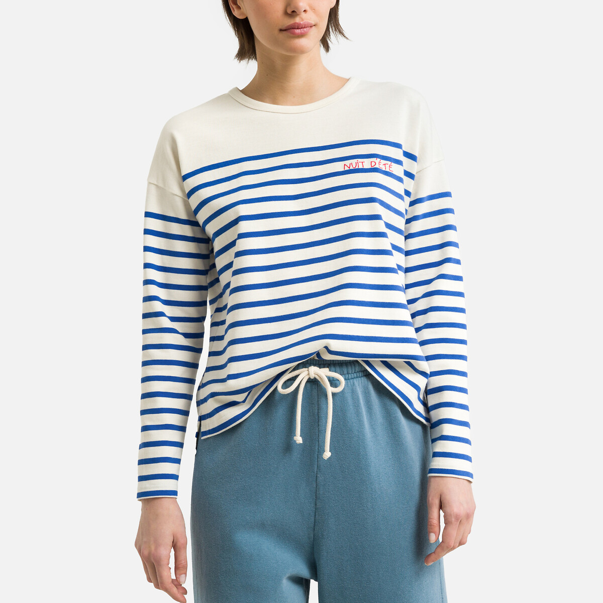 Striped Organic Cotton T-Shirt with Crew Neck and Long Sleeves