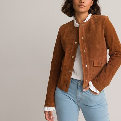 Suede Press-Stud Jacket with Round Neck LA REDOUTE COLLECTIONS