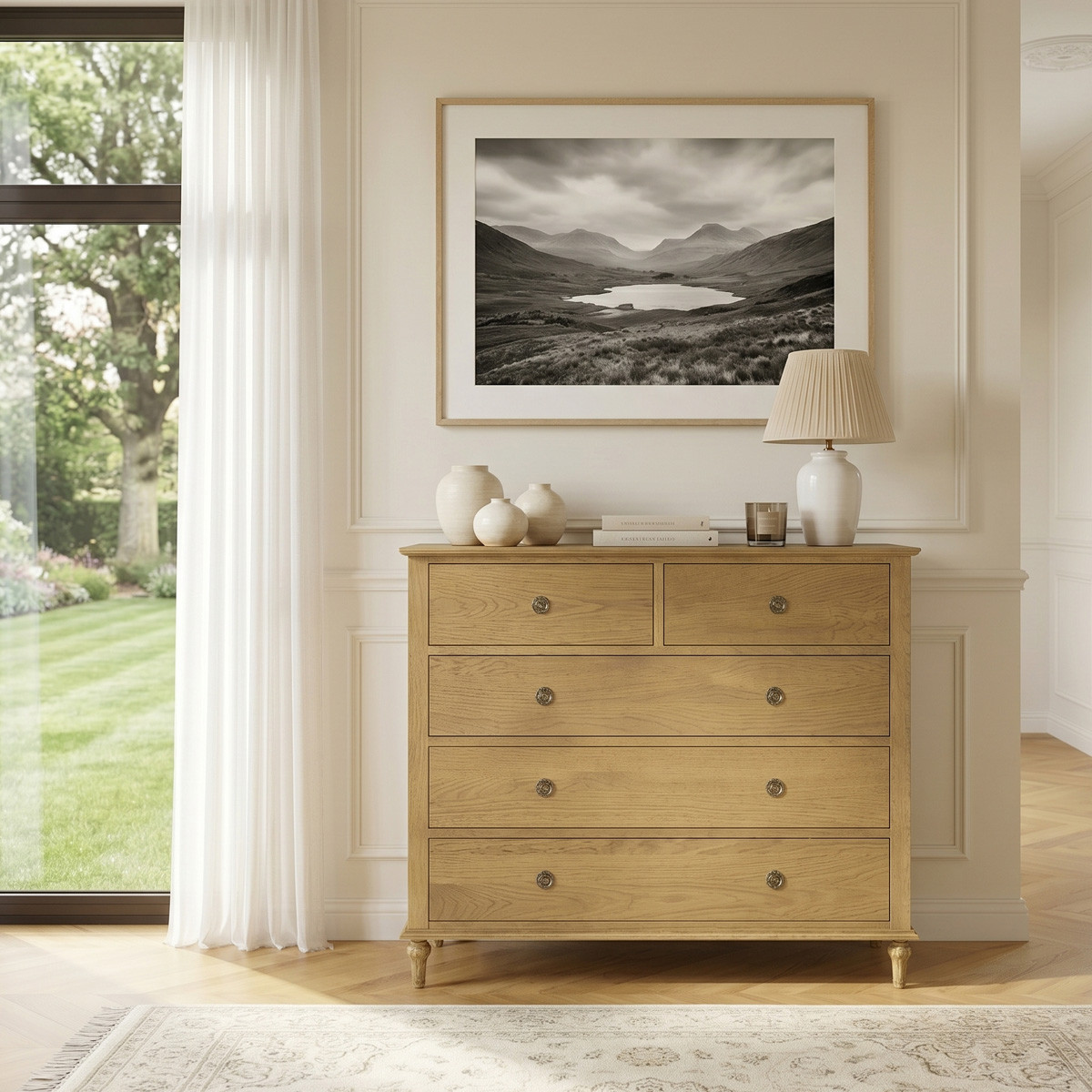 Commode style shabby chic en chêne, 5 tiroirs OLIVIA, ROBIN DES BOIS