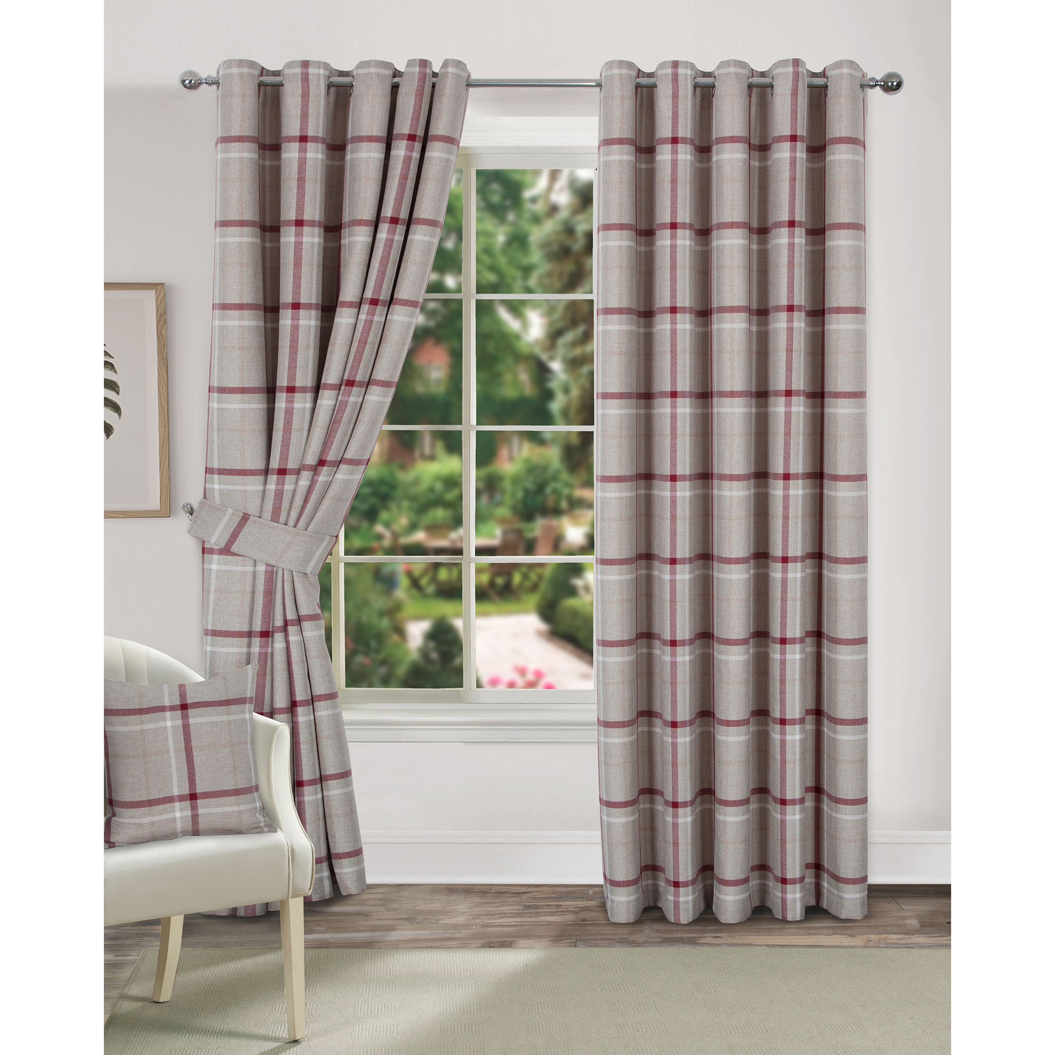 Red and shop grey curtains