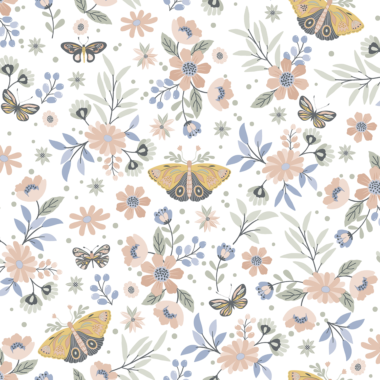 Papier peint floral papillons fond blanc, HEXOA
