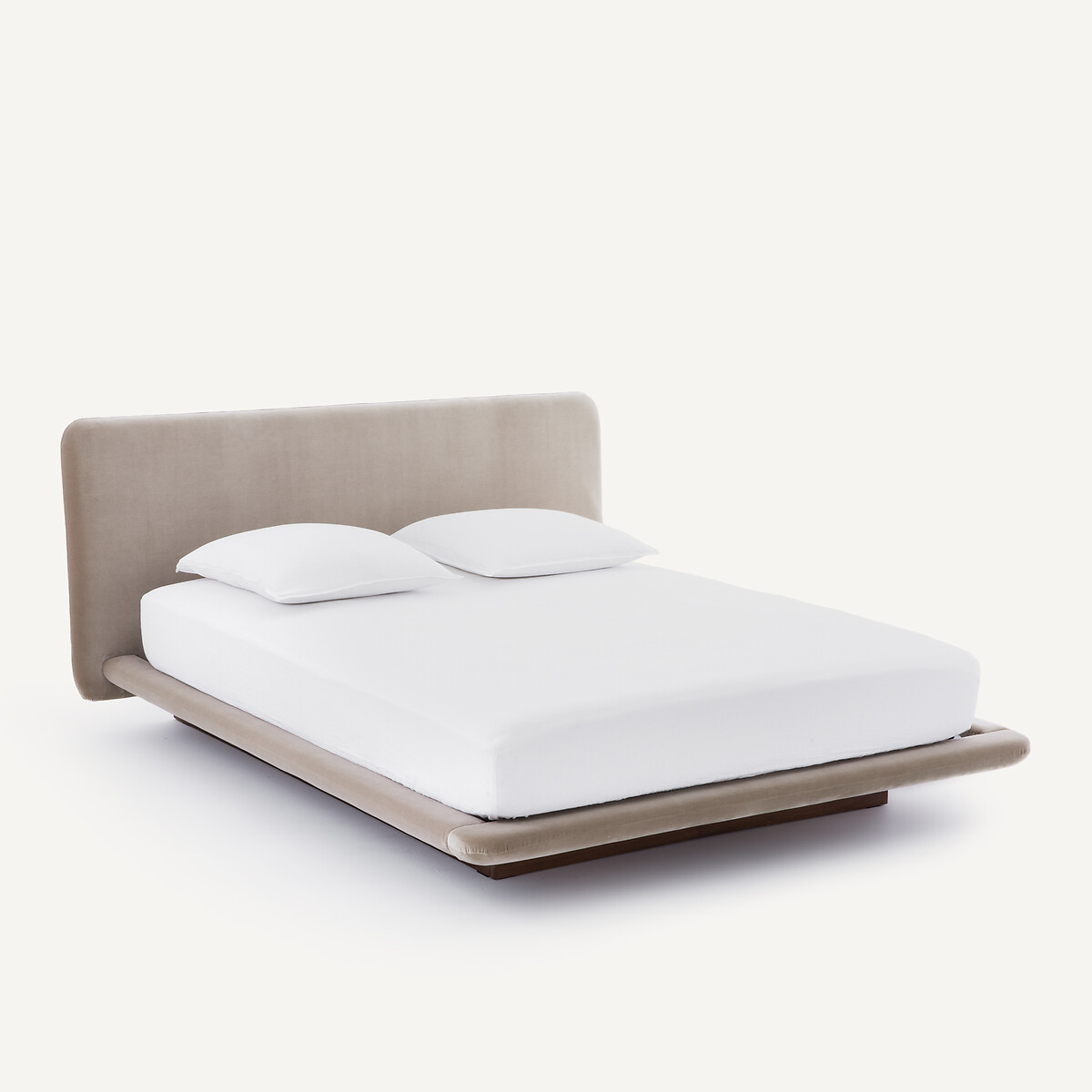 Lit double avec sommier assemblé, en velours, et base en noyer, SLICE, AM.PM