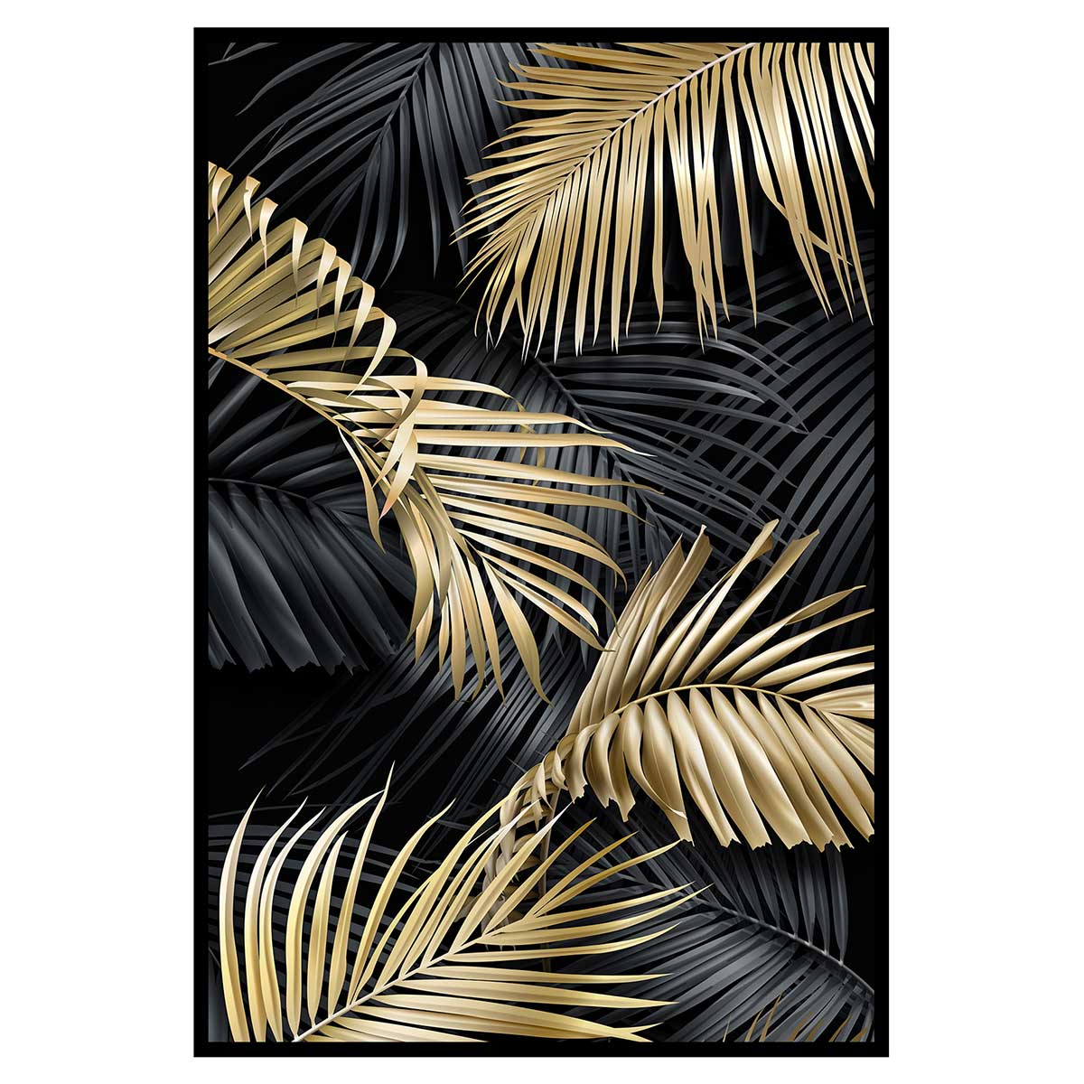 Affiche encadrée feuilles tropicales dorées fond noir, HEXOA