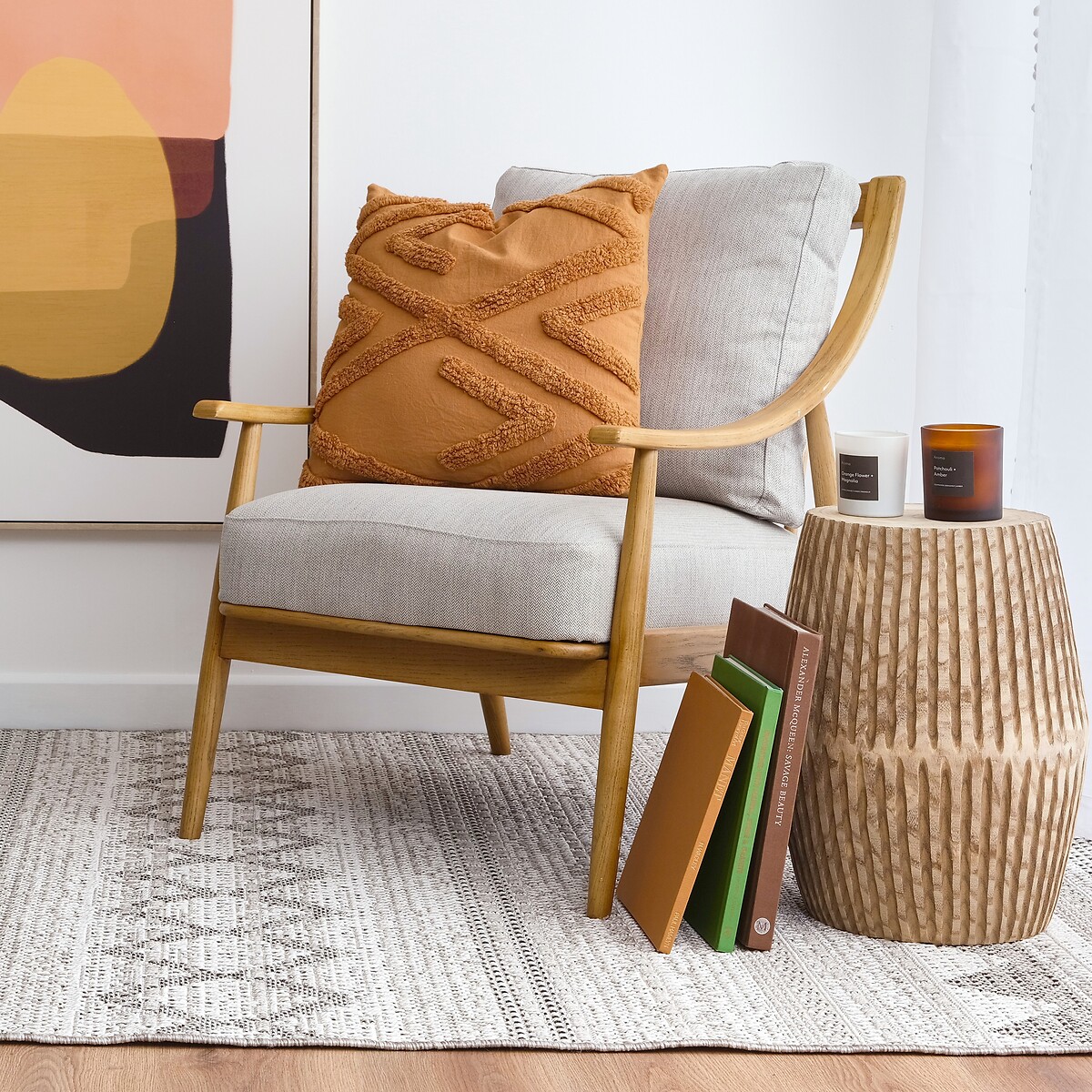 Arcot Mid Century Linen Armchair with Solid Oak Frame