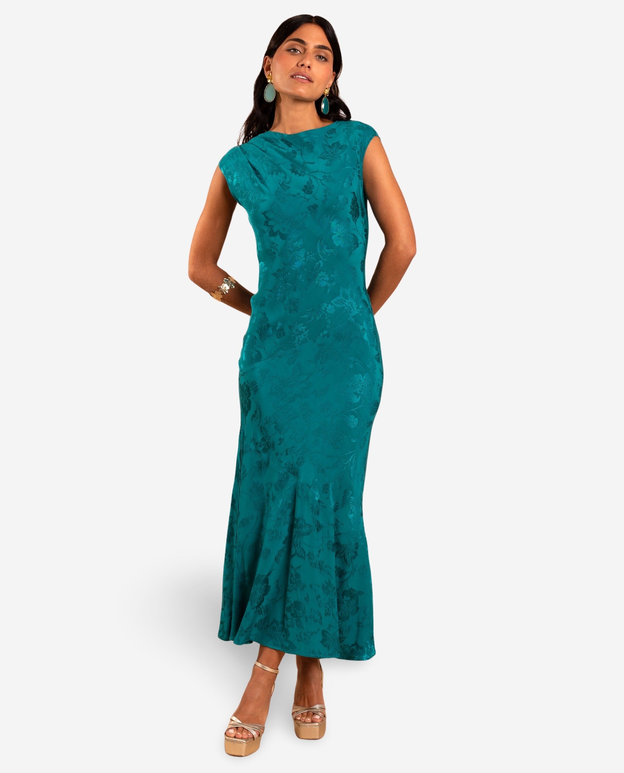 Robe longue verte avec drapé et jupe à volants VALENTINA, THE-ARE