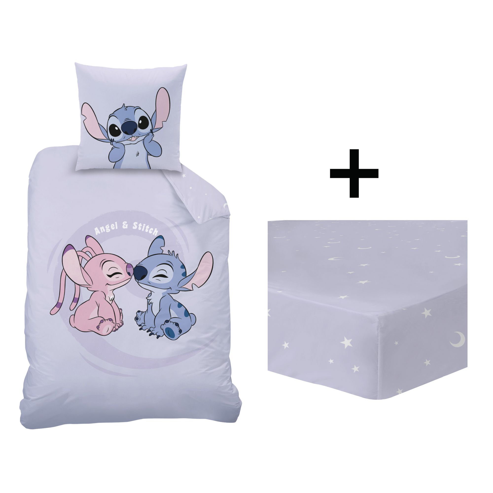 Parure de lit imprimée + drap housse 100% coton, HAPPY, DISNEY STITCH 