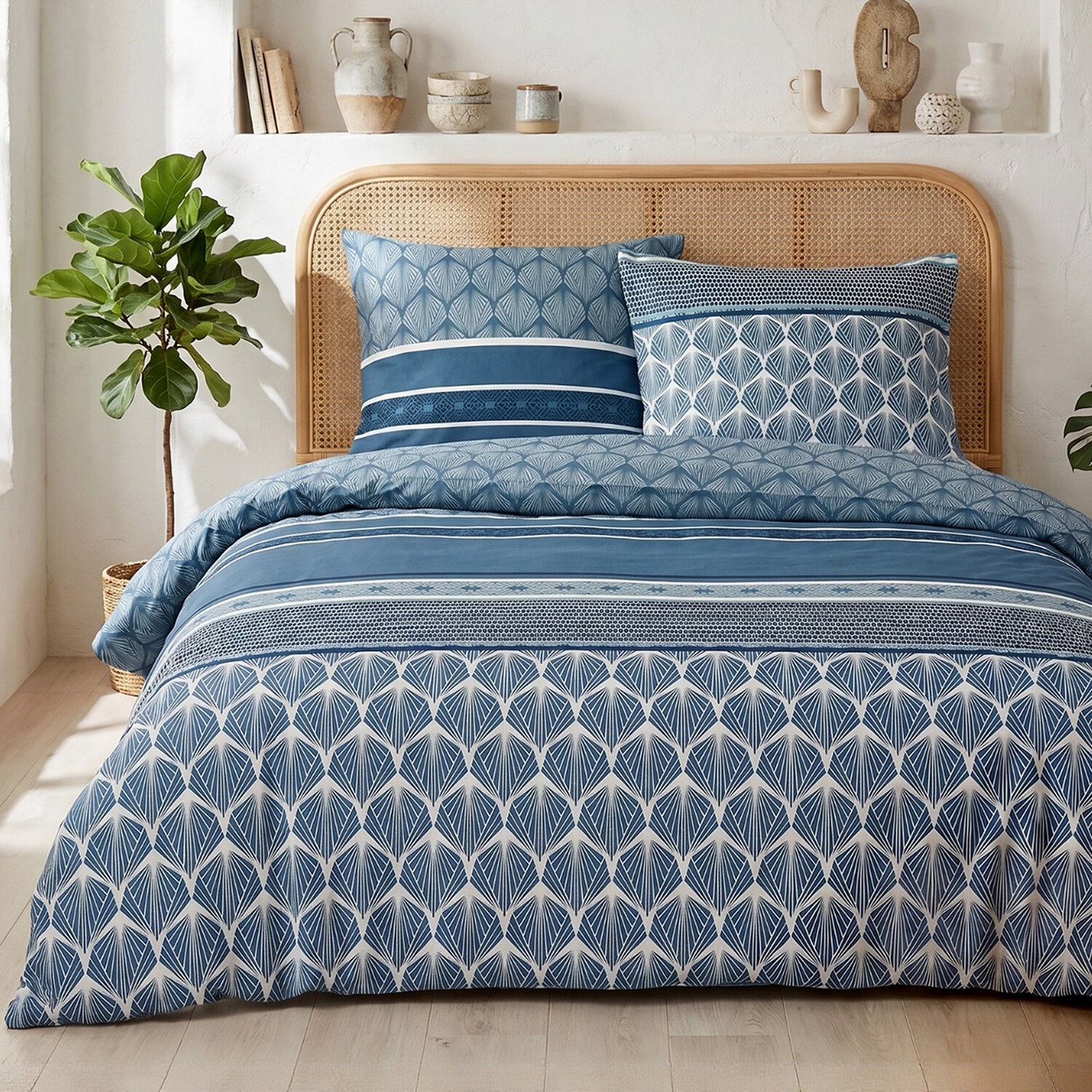 Parure housse de couette imprimée contemporain bleu en coton, OASILIS, ATELIER DU COTON