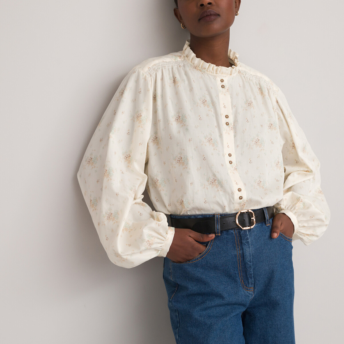 Floral Cotton Oversize Shirt with Ruffled Collar