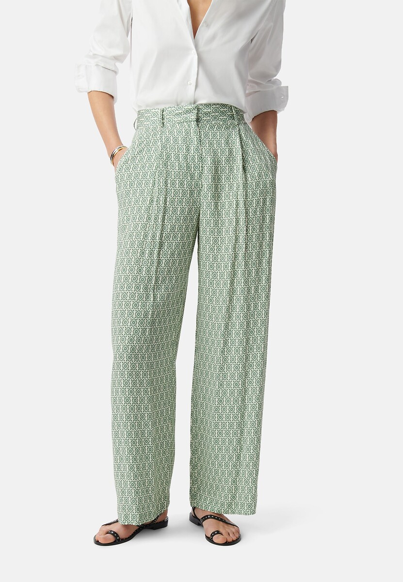 Pantalones fluidos anchos con estampado Mujer Talla 40. Color Verde