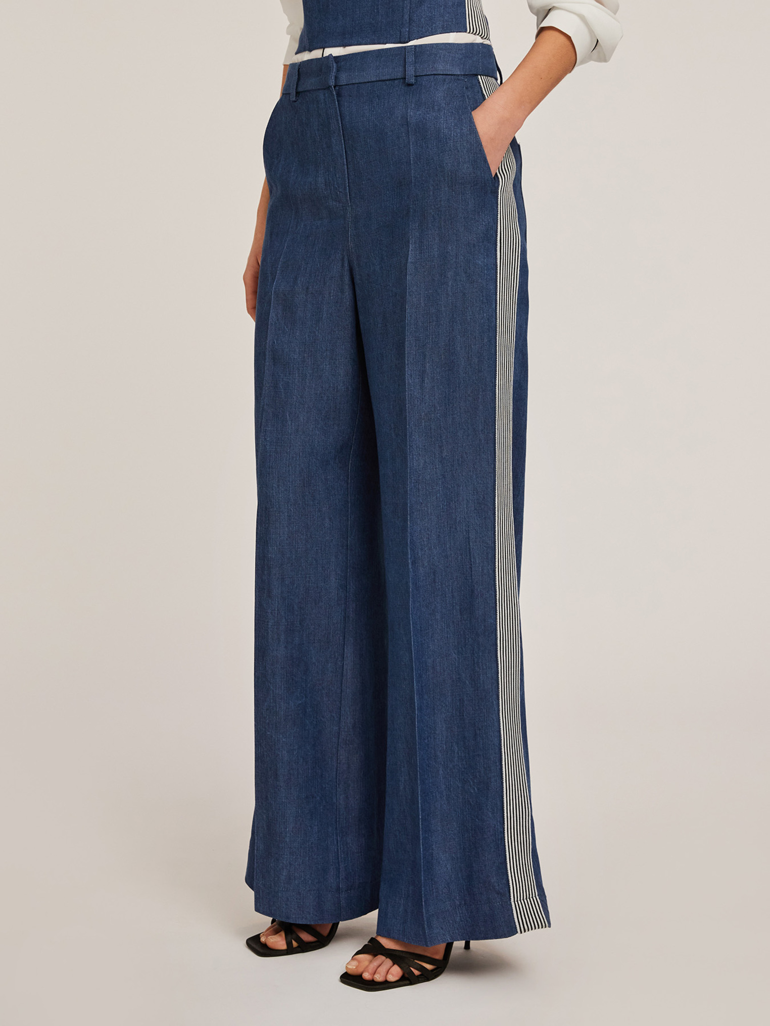 Pantalon palazzo effet denim avec bandes latérales, MOTIVI