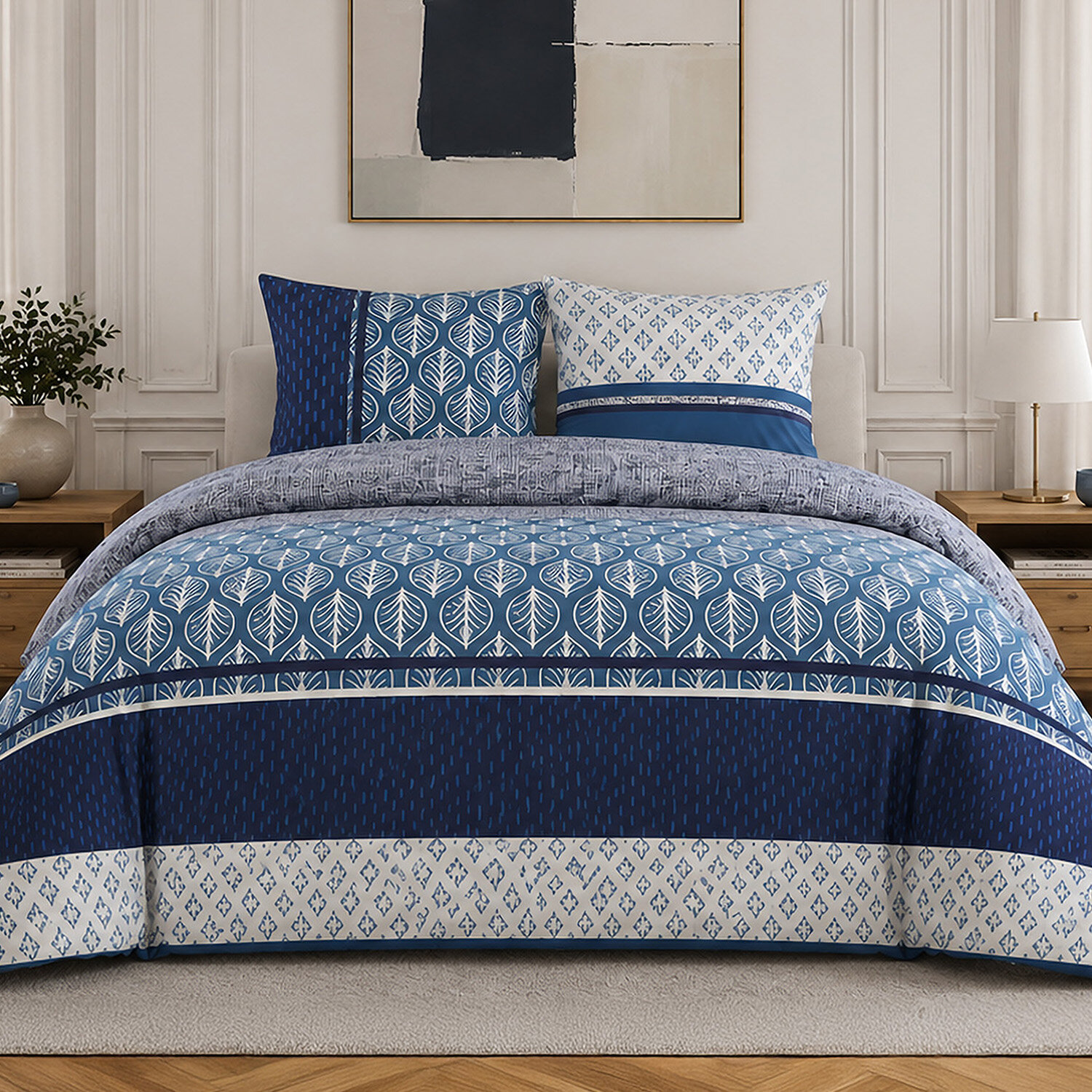 Parure de lit en percale de coton motif feuilles et graphiques, TOMY, ATELIER DU COTON