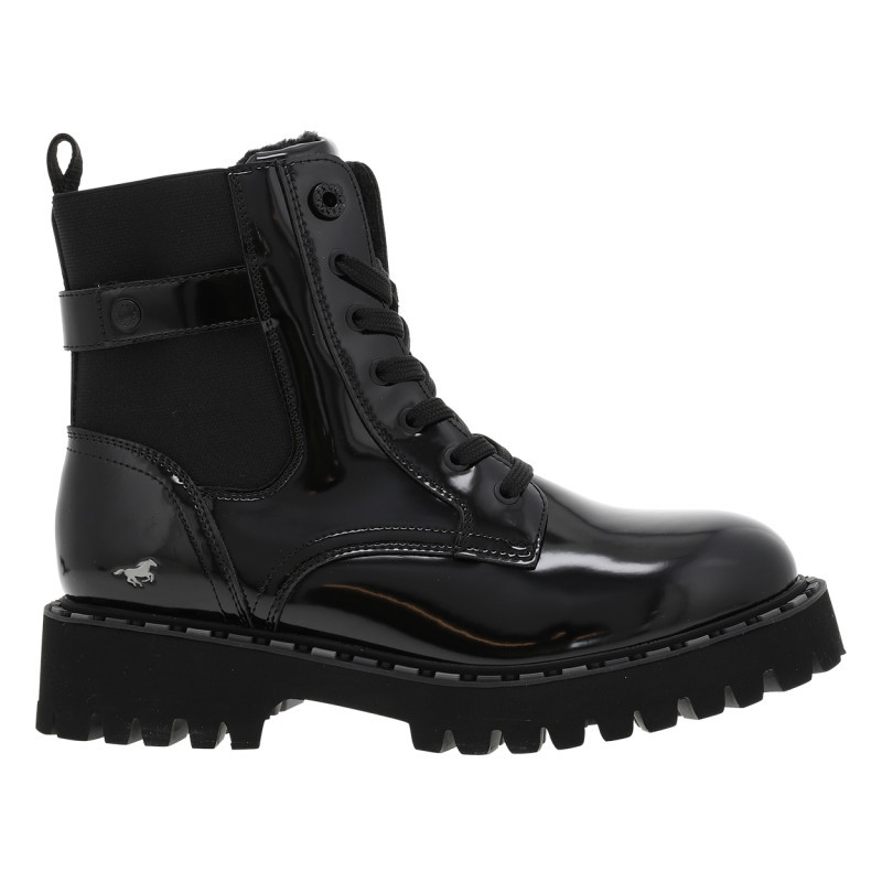 Bottines noires vernis à talon décroché bas avec des lacets plats et un zip, MUSTANG