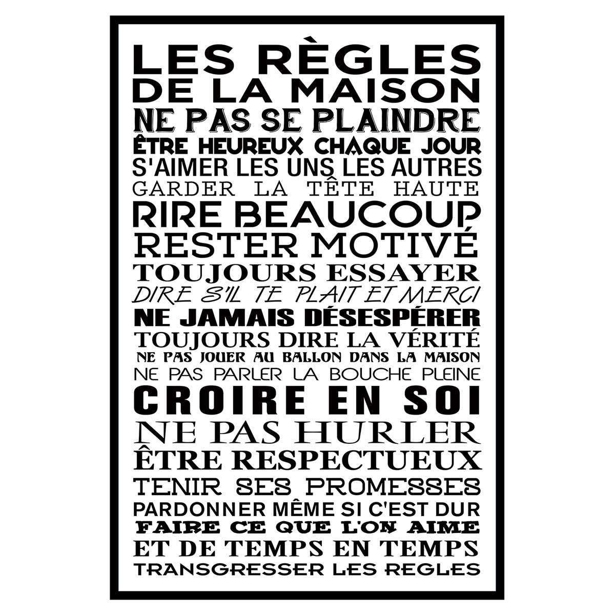Affiche encadrée Les règles de la maison typographie noire et blanche, HEXOA