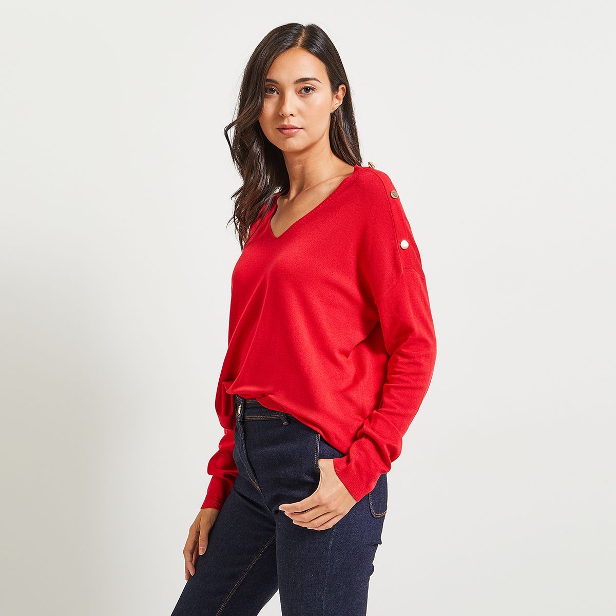 Pull rouge col discount v