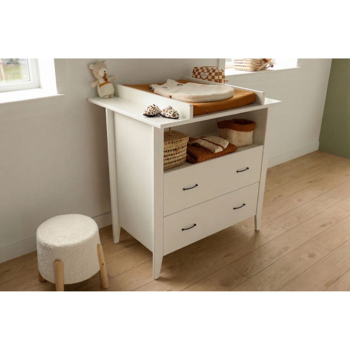 Commode à langer 2 tiroirs et une niche poignées métal, SAUTHON