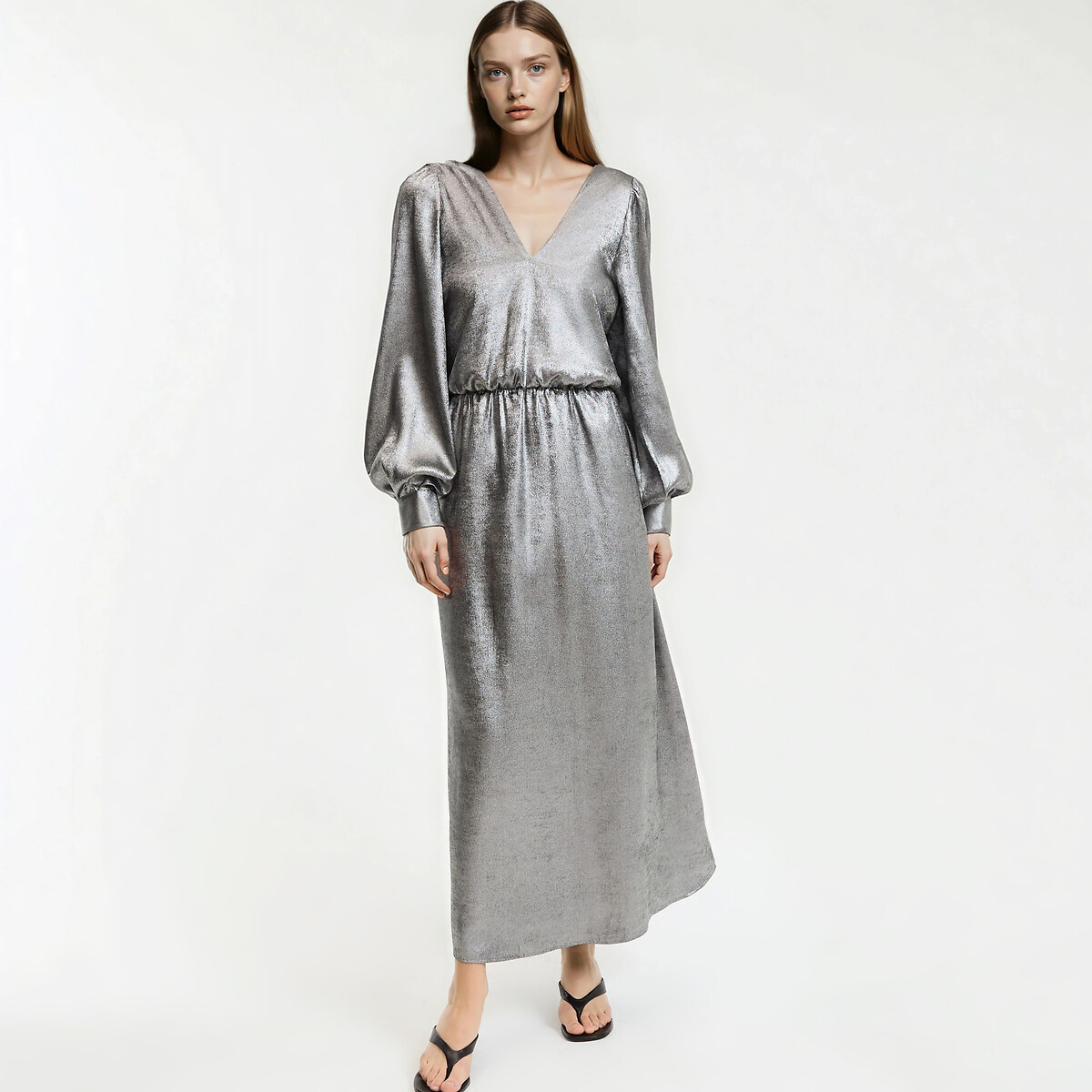 Flared Silver Maxi Dress with Long Sleeves, LA REDOUTE COLLECTIONS