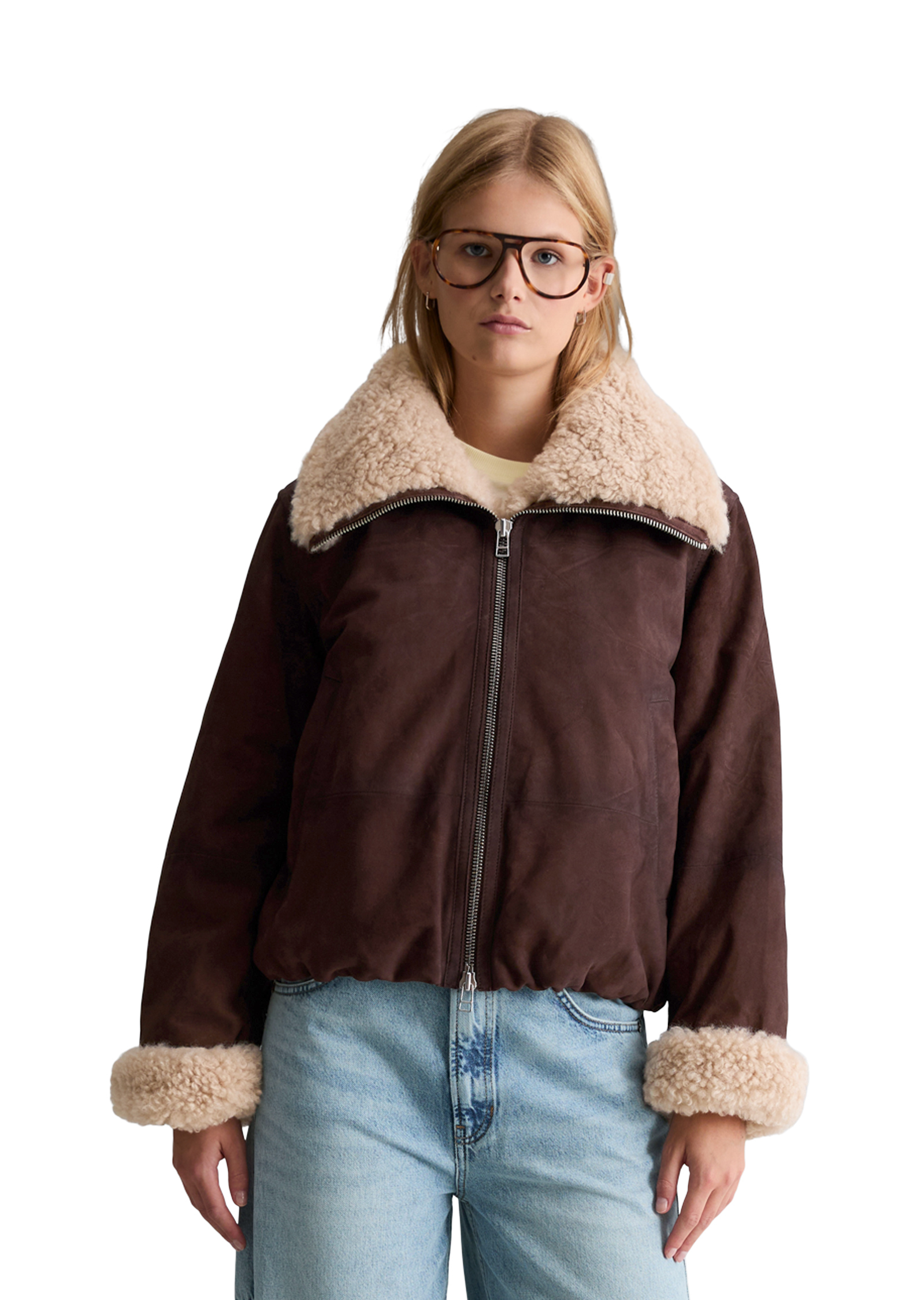 Veste en cuir à col en peluche, coupe classique en cuir de chèvre velours souple, MARC O’POLO DENIM