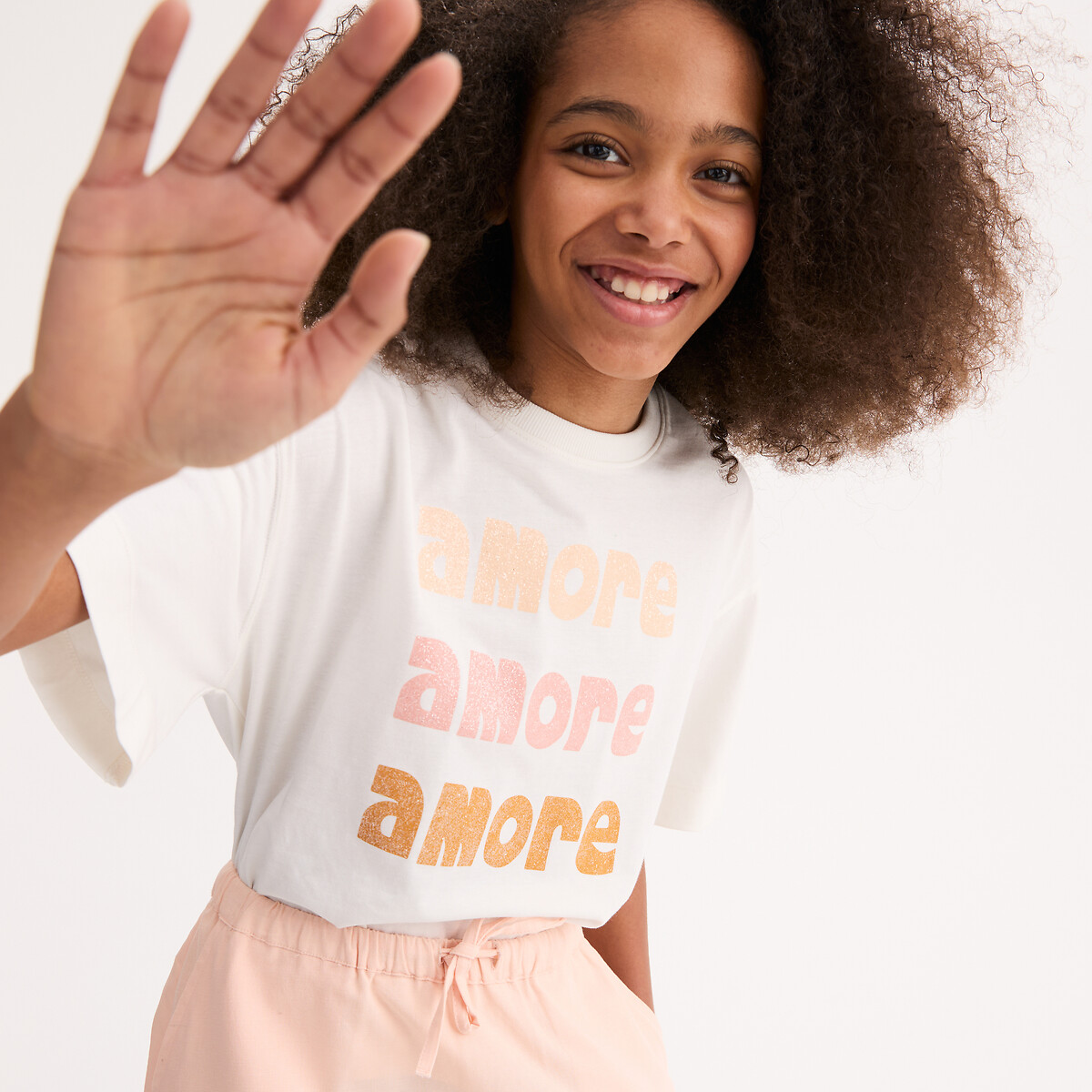 T-shirt à message pailleté, à col rond, manches courtes, LA REDOUTE COLLECTIONS