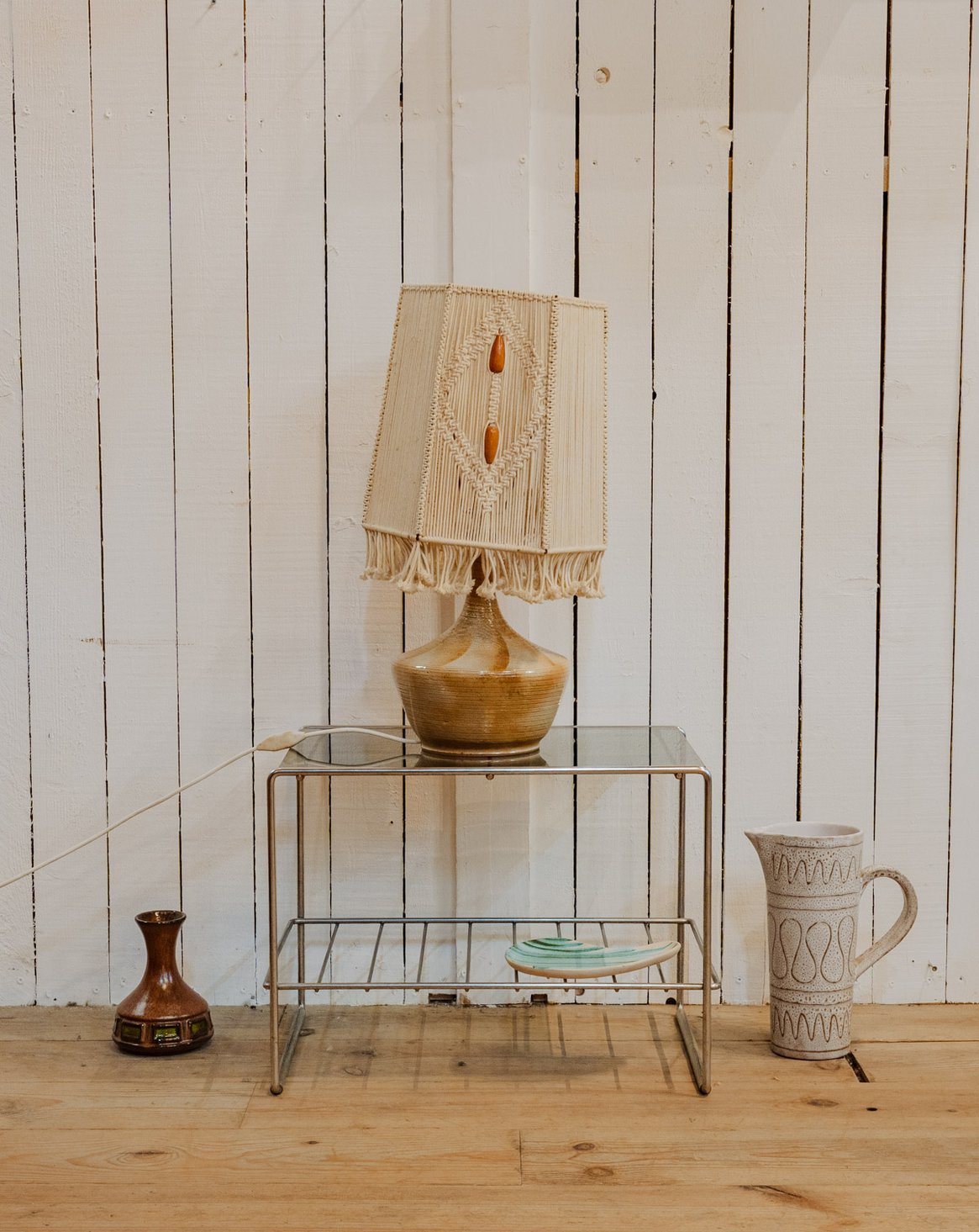 Lampe à poser en céramique et macramé Julia N°1134 - Bon état, DEBONGOUT