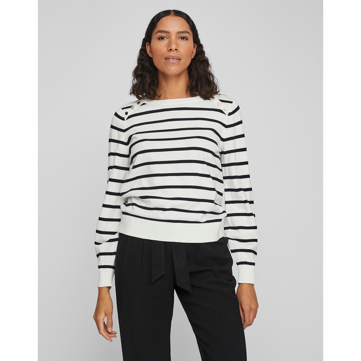 Breton Striped Jumper in Cotton Mix with Button Detail