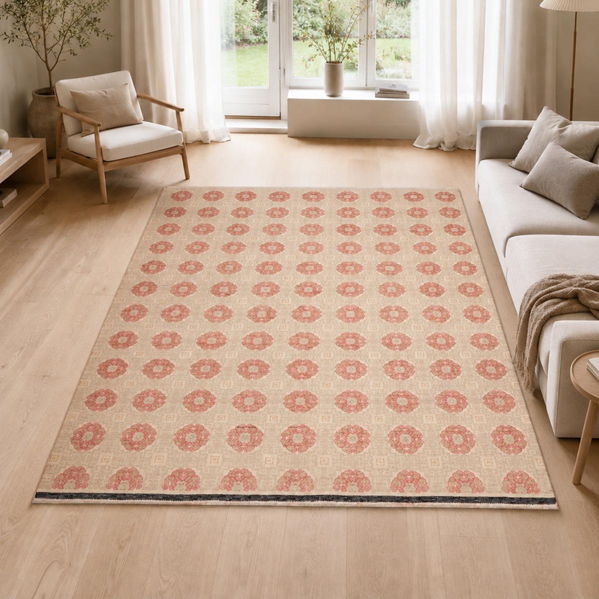 Tapis salon, motif nature floral, artisanal noué main en laine, UN AMOUR DE TAPIS