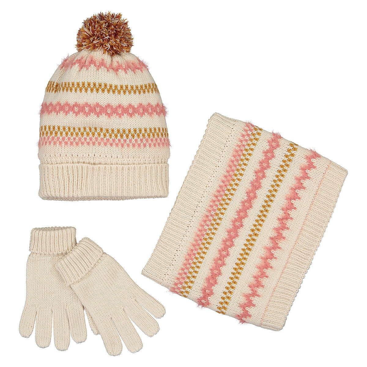 Ensemble bonnet + snood + gants ou moufles en maille côtes perlées