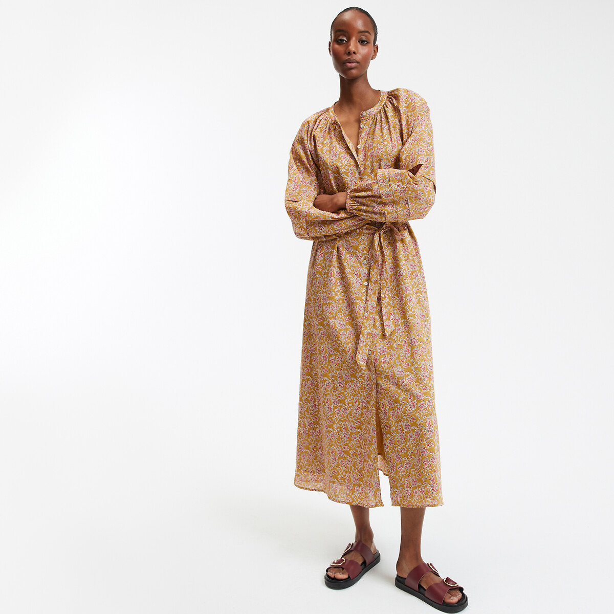 Robe longue évasée, imprimé floral, manches ballon