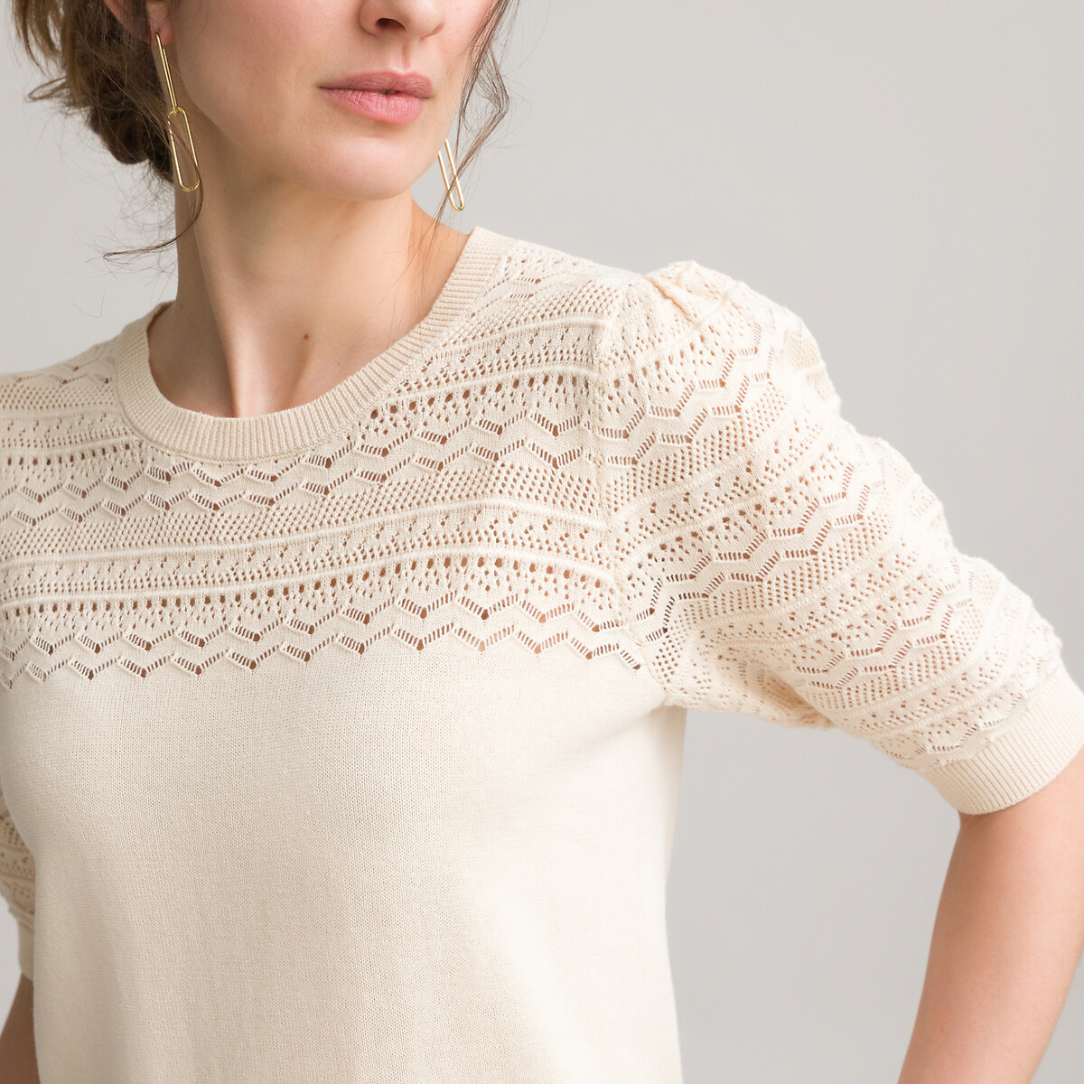 Cotton fine knit jumper with puff sleeves and crew neck , ivory, Anne ...