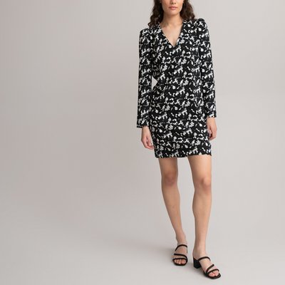 Recycled Printed Mini Dress with V-Neck and Long Sleeves LA REDOUTE COLLECTIONS