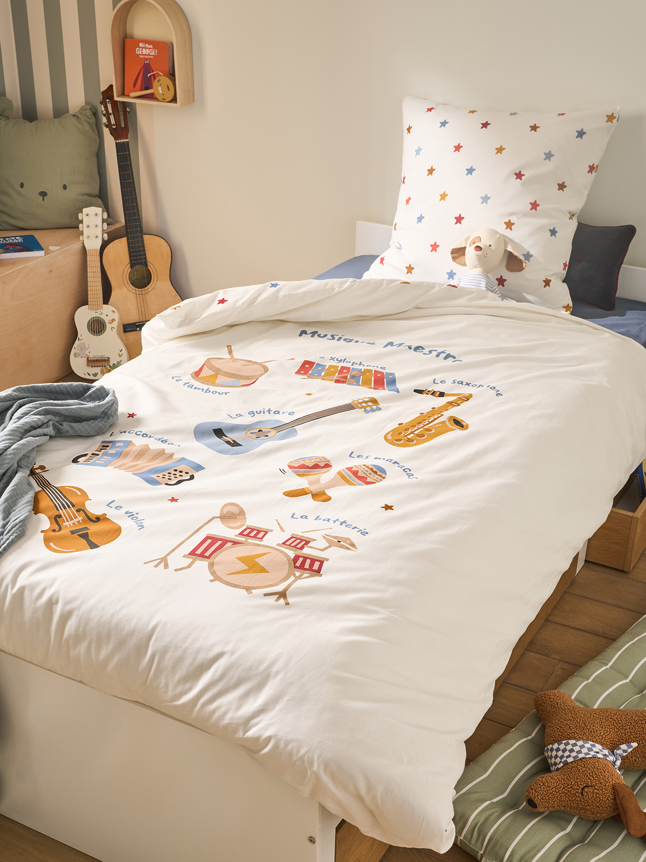 Parure housse de couette + taie d'oreiller MUSIQUE LEXIQUE avec coton recyclé, VERTBAUDET