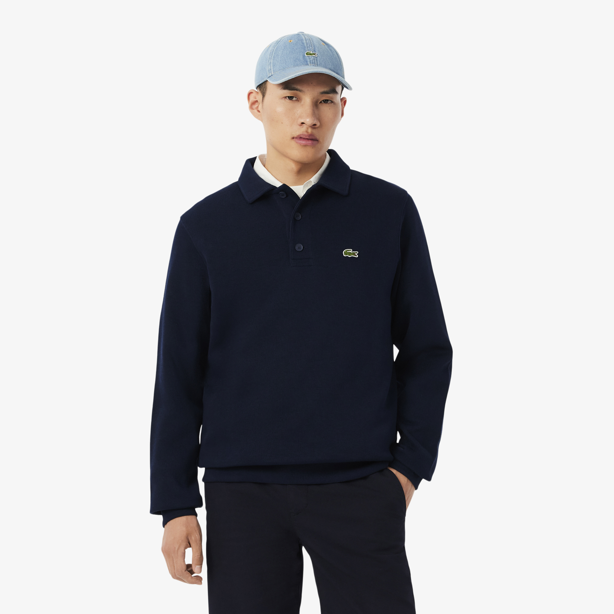 Sweatshirt col polo coton côtelé, LACOSTE