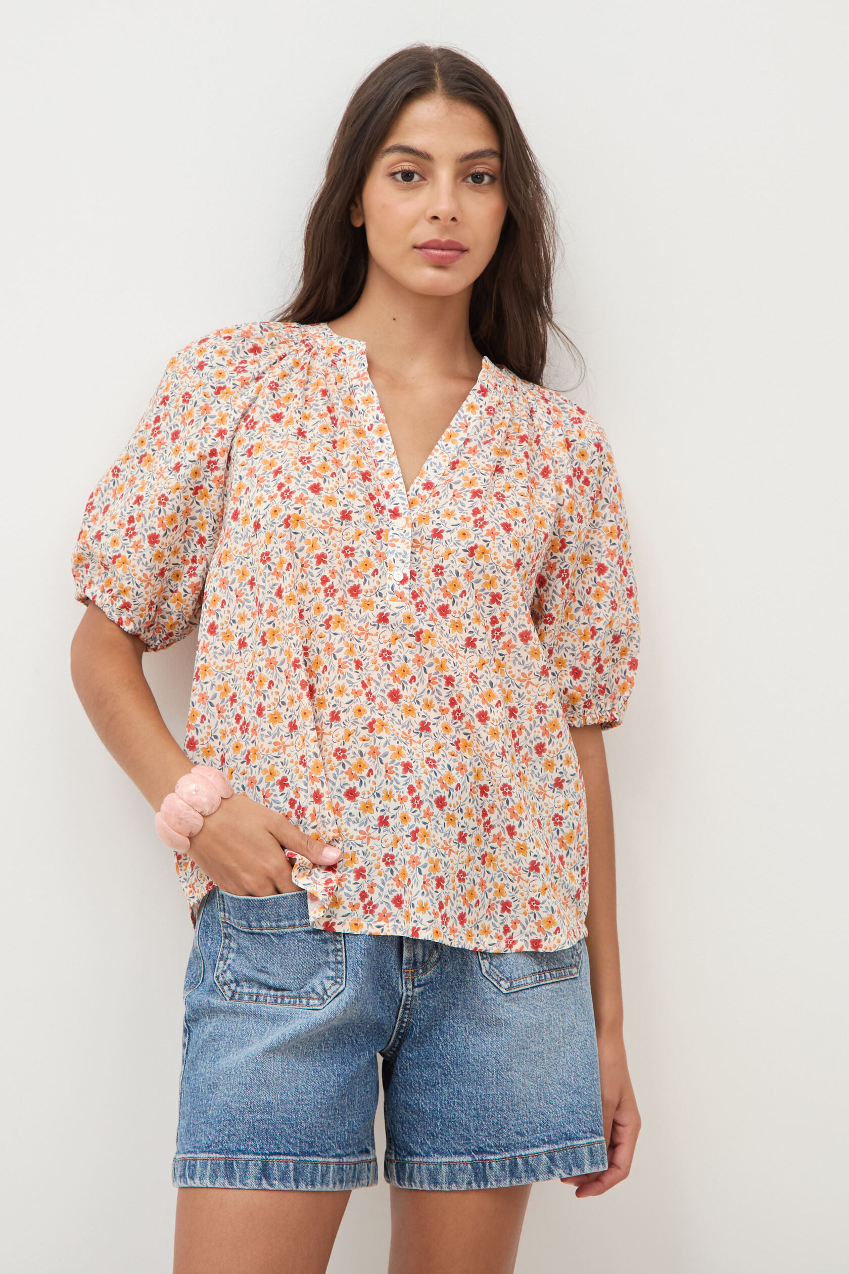 Blouse droite en coton manches courtes, BONOBO