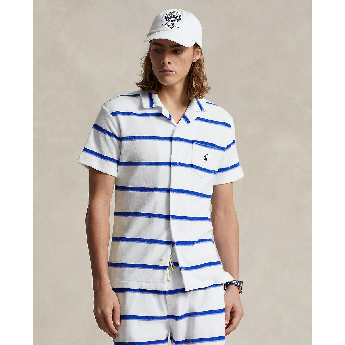 Image of Striped Cotton Mix Shirt with Short Sleeves