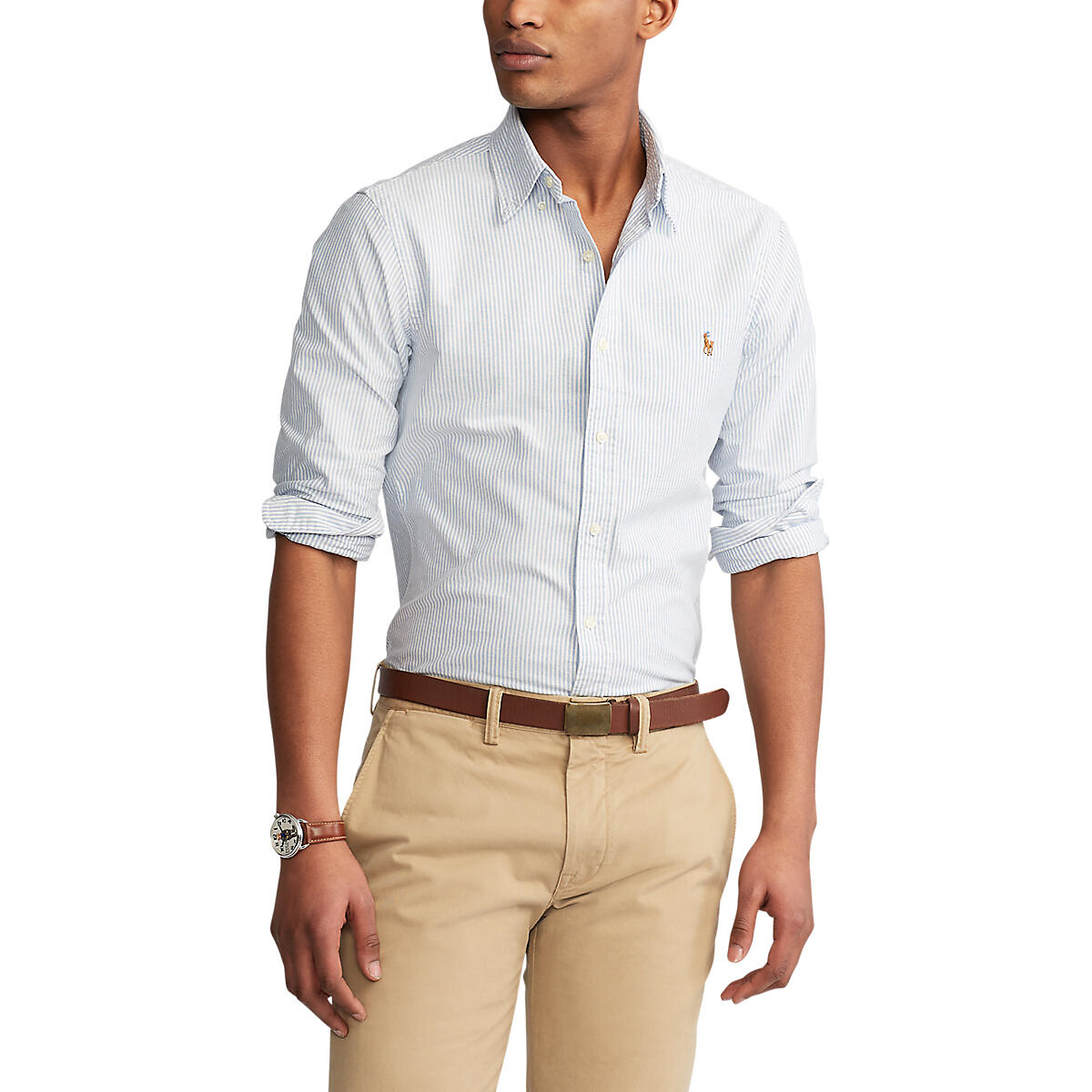 Image of Striped Cotton Oxford Shirt in Slim Fit