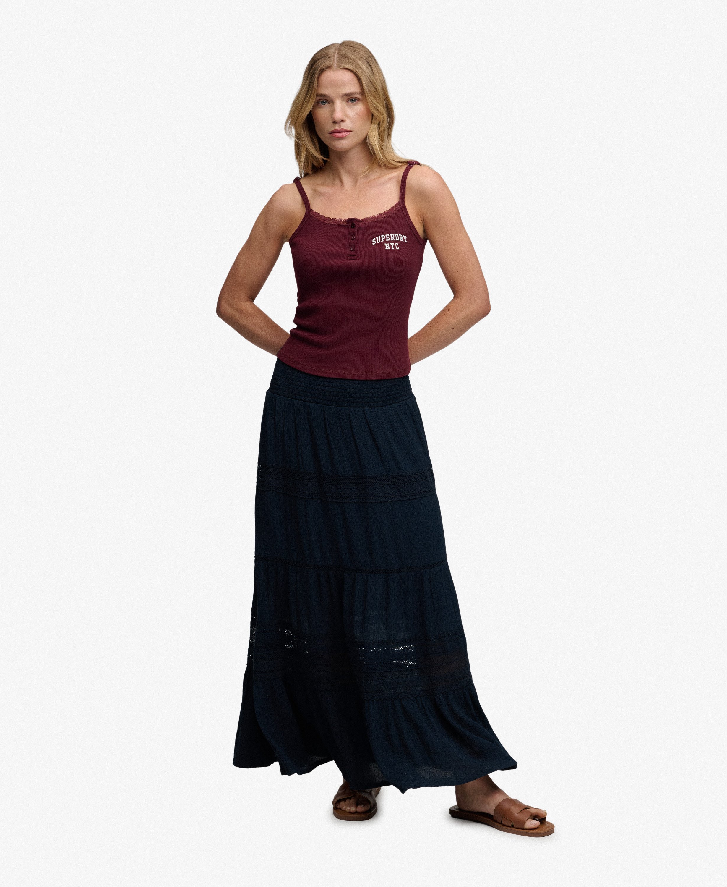 Jupe longue Ibiza ajourée ceinture smokée, SUPERDRY