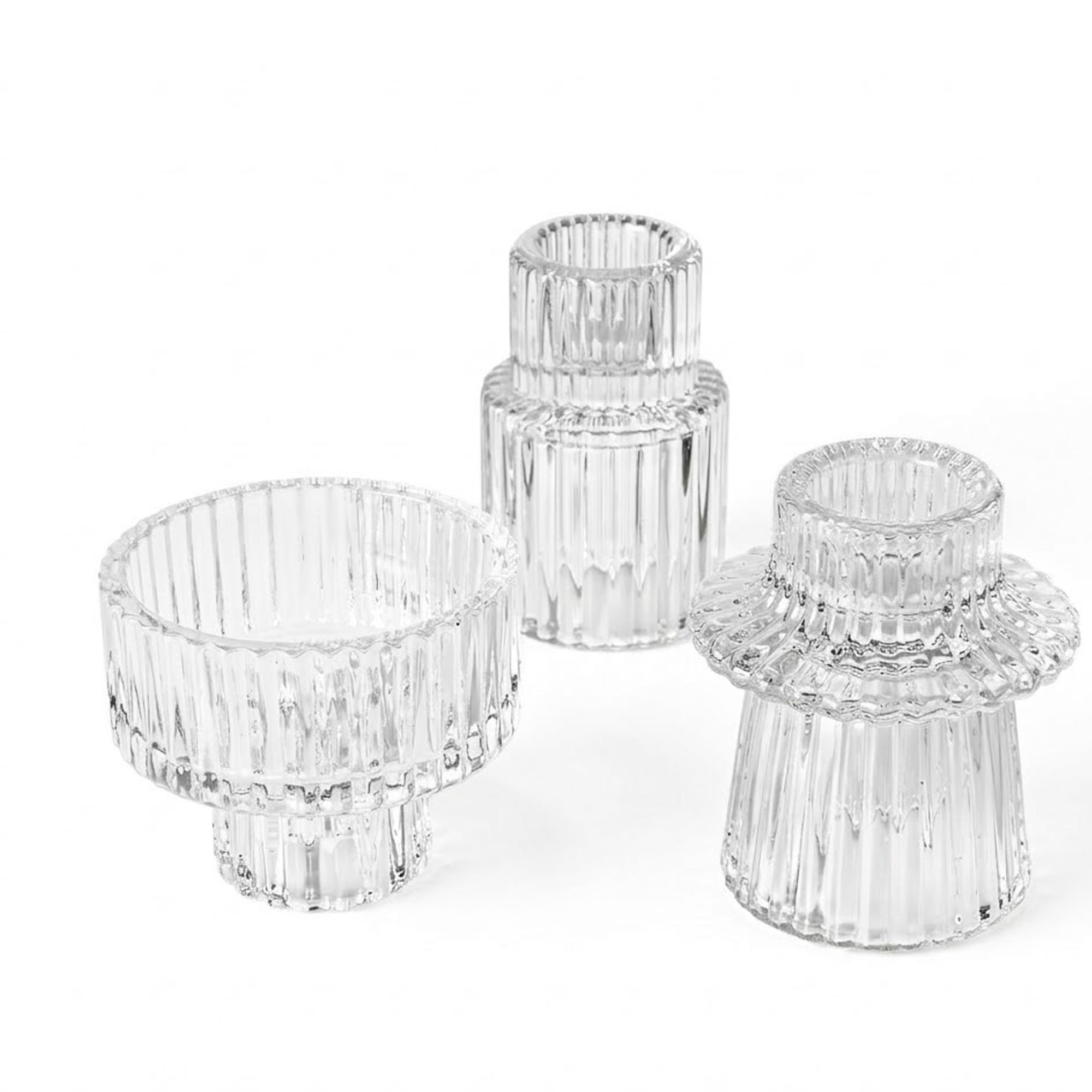 Set de 3 bougeoirs en verre strié 6x6x7cm, WADIGA